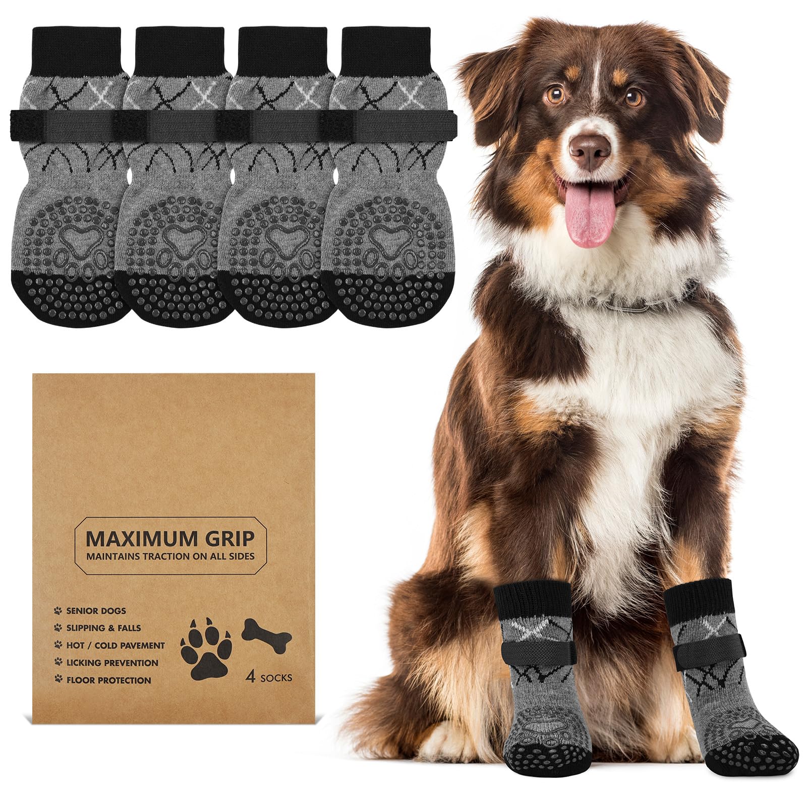 Adiwo 2 Paar Anti Rutsch Hundesocken, Doppelseitige Socken für Hunde mit Verstellbaren Riemen, Dog Socks, Hundeschuhe Pfotenschutz Outdoor Inneneinsatz, Geschenk zu Weihnachten, Neujahrsgeschenke, M