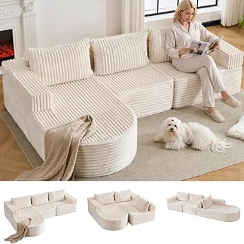 103Oversized Cloud Couch, Modular L-Shaped Sectional Sofa with Chaise, Deep Seat Corduroy Boneless Couch, No Assembly Convertible Sofa for Living RoomBeige