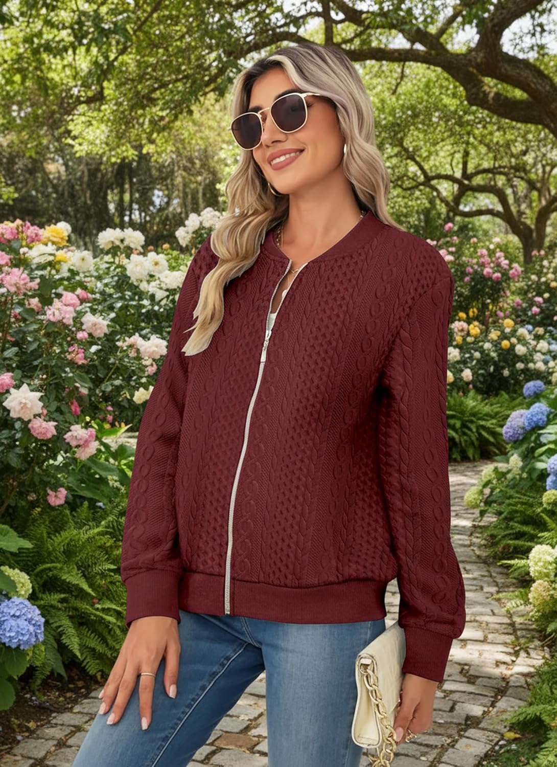 Women's Zip up Sweatshirt Jacket Stand Collar Hoodless Outerwear Casual Coat with Pockets - Image 2