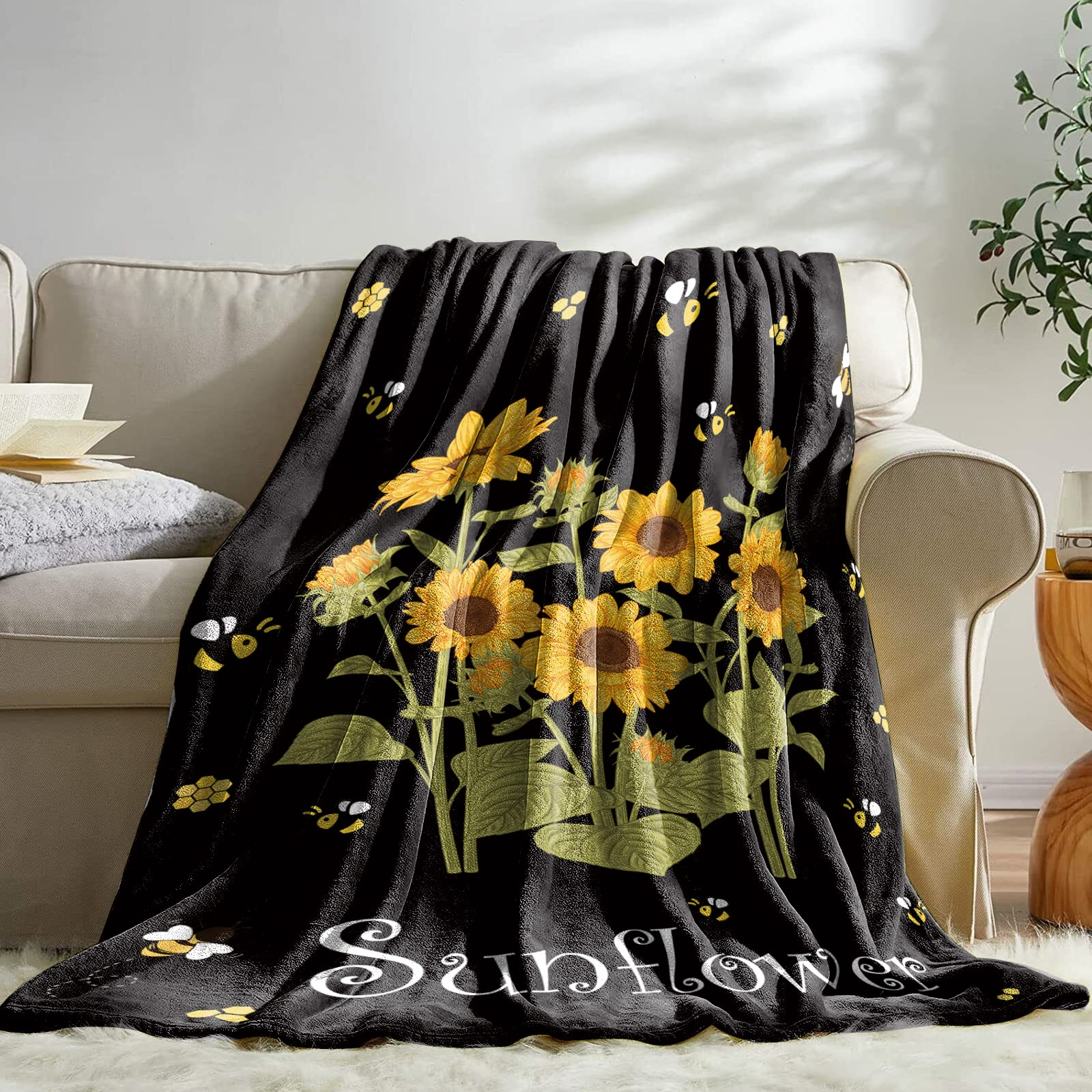 Couverture à Capuche Surdimensionnée En Flanelle - Motif Tournesol/abeille, Manches Longues, Poche