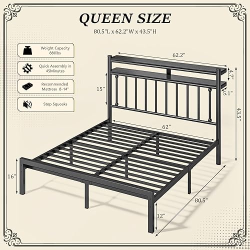 Miniatura 2 de Base de cama de metal Queen con cabecera de almacenamiento de 2 niveles, marco de cama tamaño Queen con luz LED, base de colchón victoriana debajo