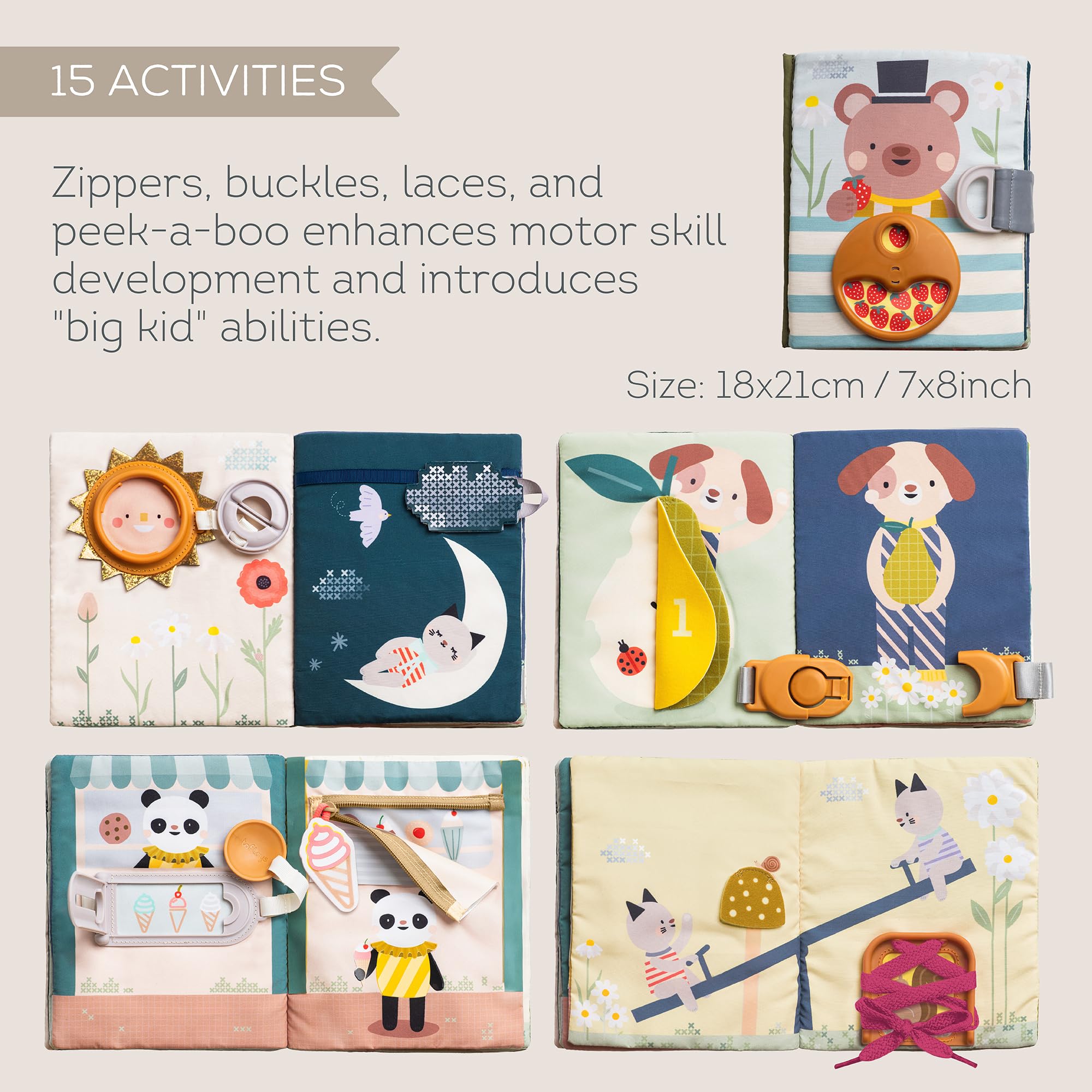 Taf Toys 13655 - Libro de Actividades Fantasía para Bebés +18M - Libro Interactivo para desarrollar la motricidad Fina