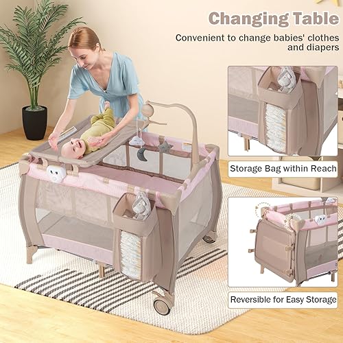 Miniatura 7 de HONEY JOY Pack and Play, corralito portátil 3 en 1 con moisés, cambiador, ruedas bloqueables, caja de música, centro de guardería plegable para cuna
