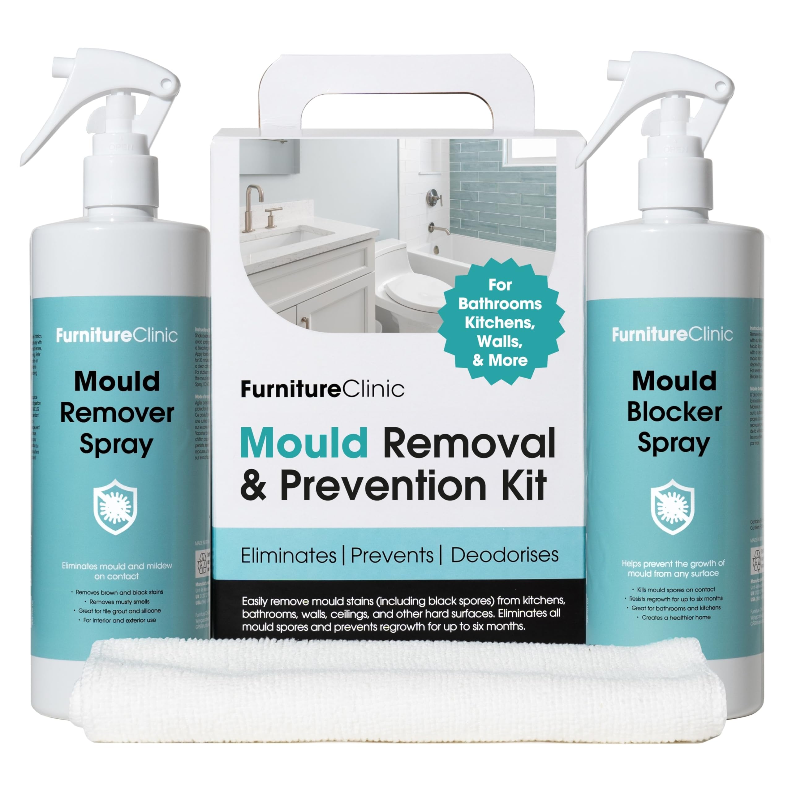 Furniture Clinic Mould Removal & Prevention Kit - Mould Remover Spray for Cleaning of Bathroom Walls, Shower Tiles, Ceilings - With Anti-Mould Spray for Spore Removal and Prevention of Regrowth