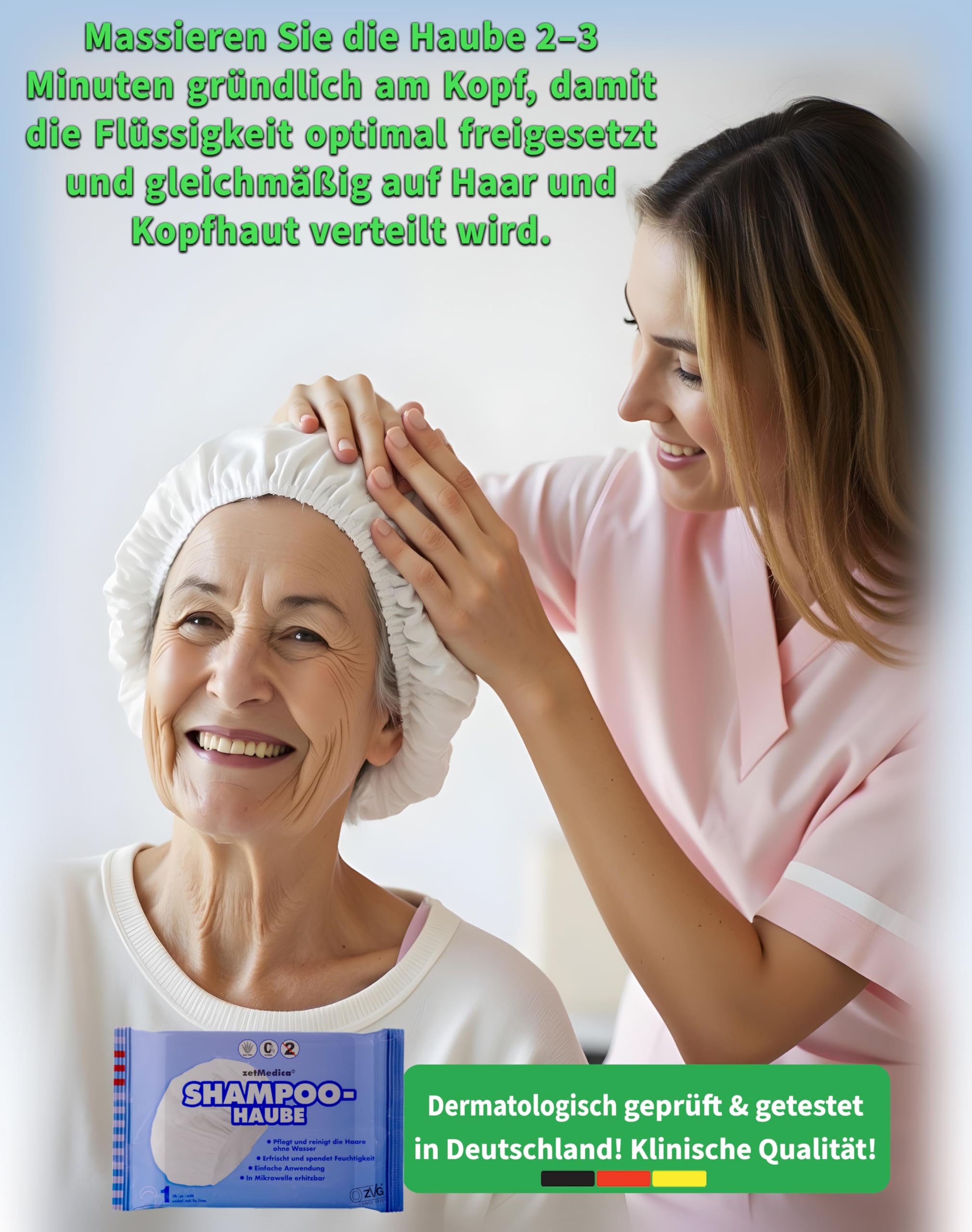 ZVG zetMedica® 8x Einweg Shampoo Hauben - Shampoohaube - Wasserlose Haarwäsche - Medizinische Qualität - Dermatest zertifiziert und Hautverträglich - Inklusive Trocknungslappen (8 Stk.)