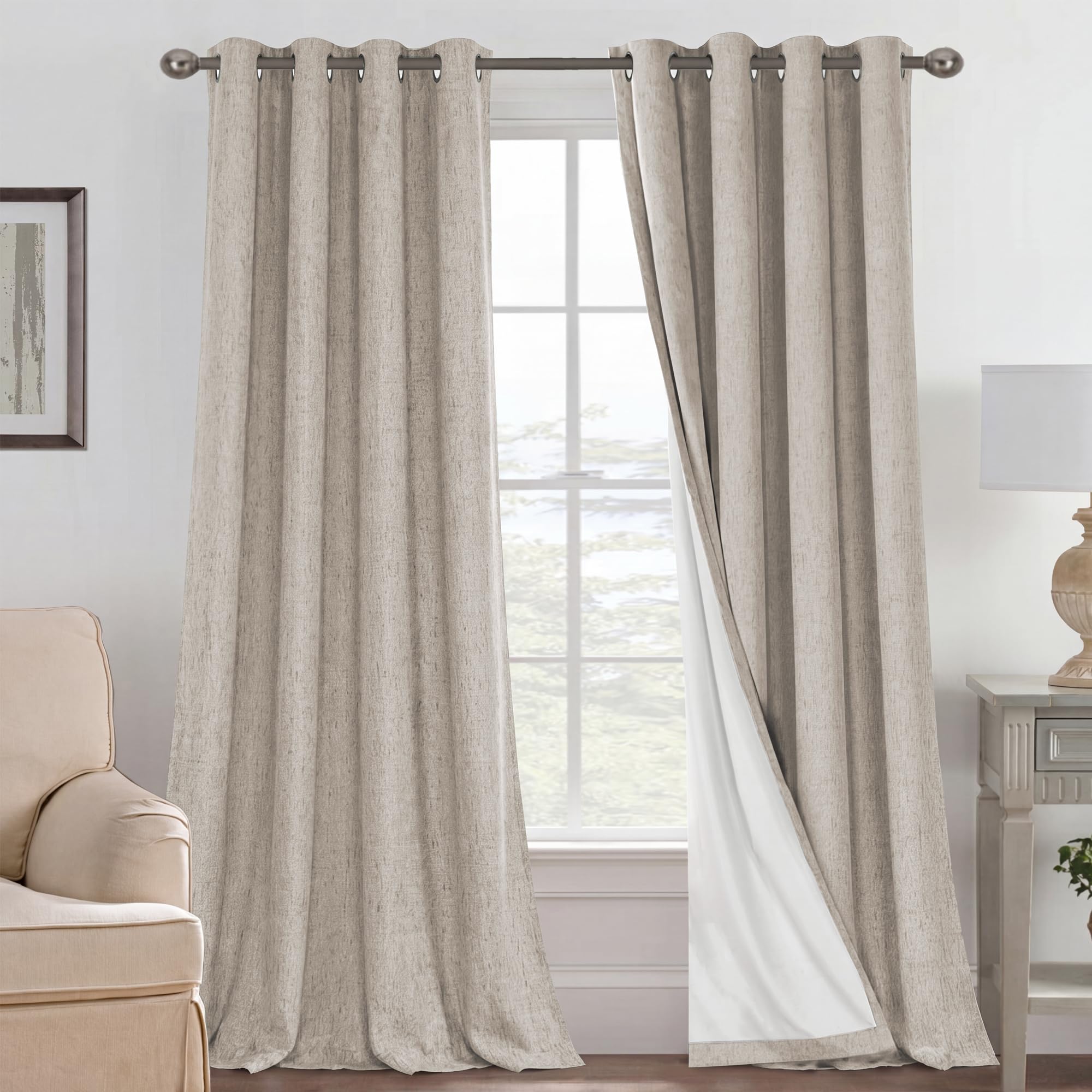 H.VERSAILTEX Blackout Curtains Linen Curtains 120 inches Long 100% Black Out Curtains for Bedroom Windows, Textured Linen Look Draperies Grommet with White Liner, 2 Panels, Cobblestone
