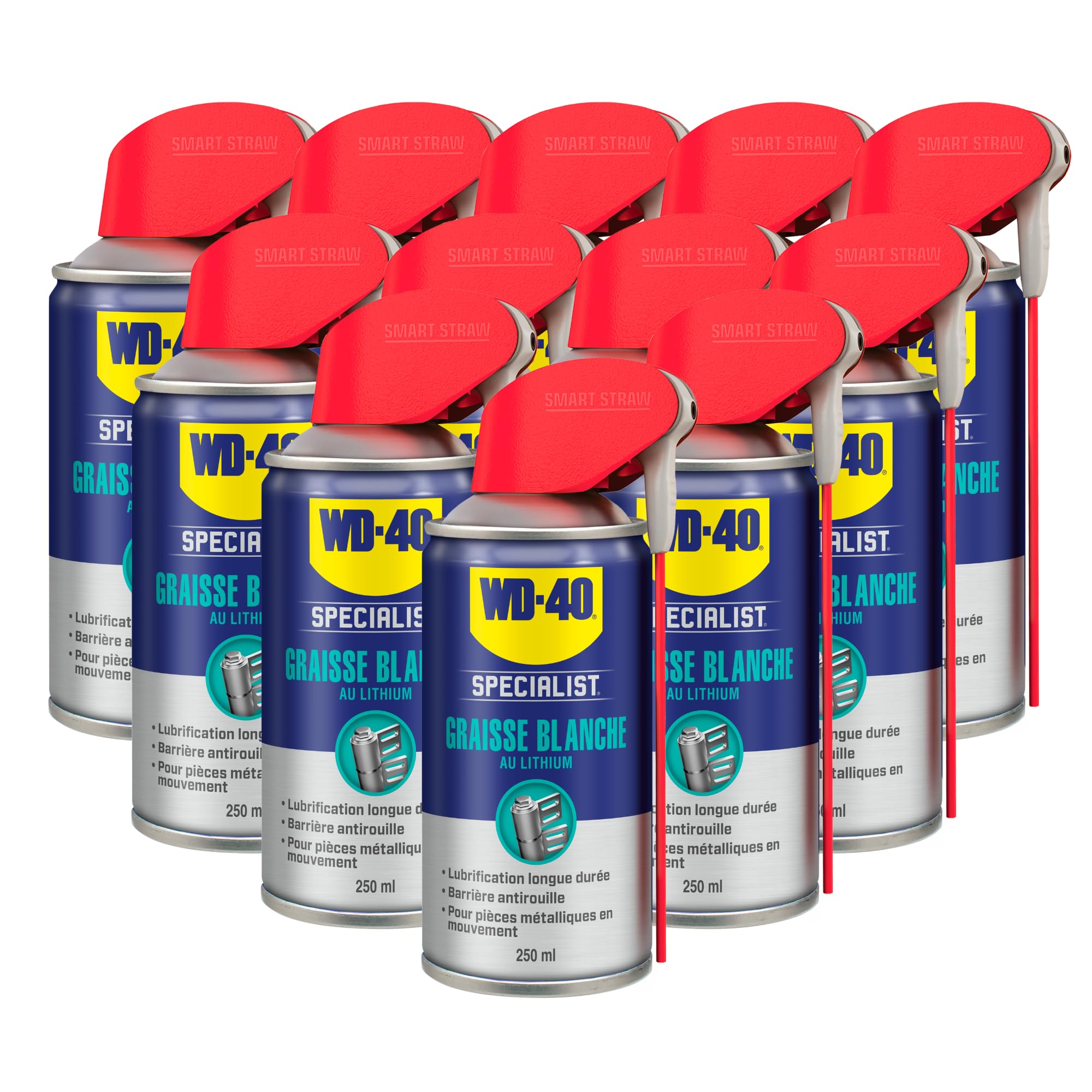 WD-40 Specialist • Graisse Blanche Au Lithium • Spray Double Position • Formule Blanche et épaisse • Résiste à l'Eau et a la Chaleur • Propriétés anti-usure • Carton de 12 aérosols de 250 ML