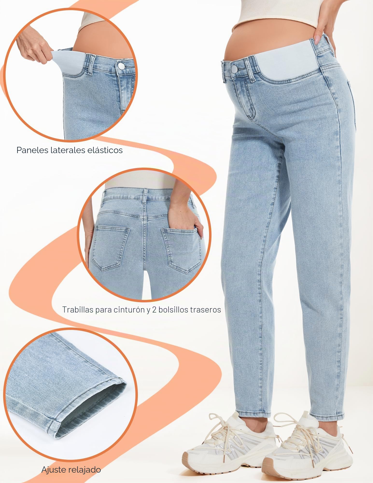 FABRACK Jeans de maternidad para mujer, de tiro medio, elásticos, para debajo del vientre, pantalones de mezclilla para embarazo, con panel elástico insertado
