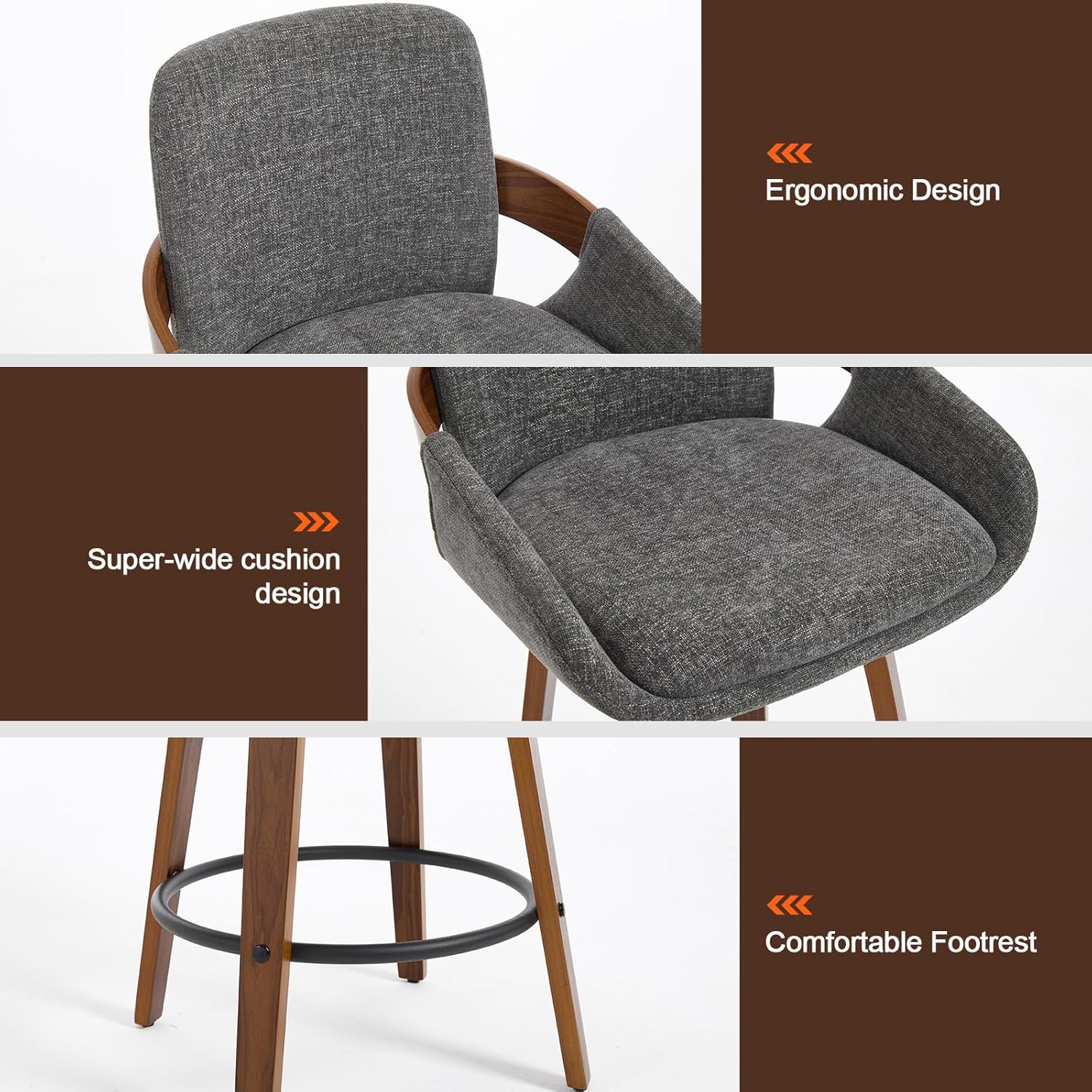 Misshappy 26 Inch Counter Height Bar Stools Set of 2, Swivel Walnut Bar Chairs with Back, Arm Rest for Modern Kitchen Island, 300 Lbs Capacity, Fabric (Dark Gray)