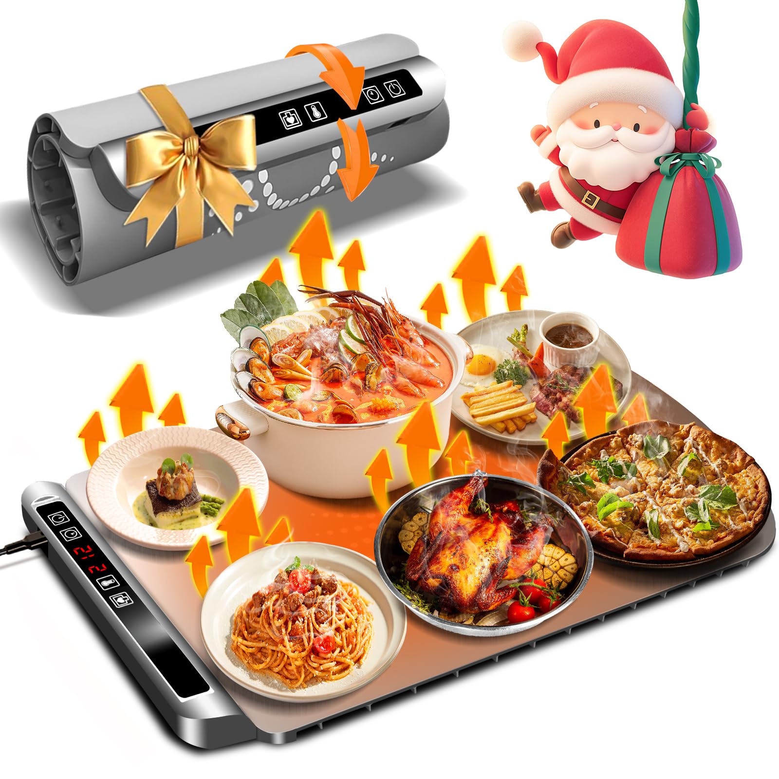 Warming Mat for Food, Silicone Electric Warming Tray with Live Temperature Display and Timer,Roll-Up & Portable Food Heating Pad with Child Lock,