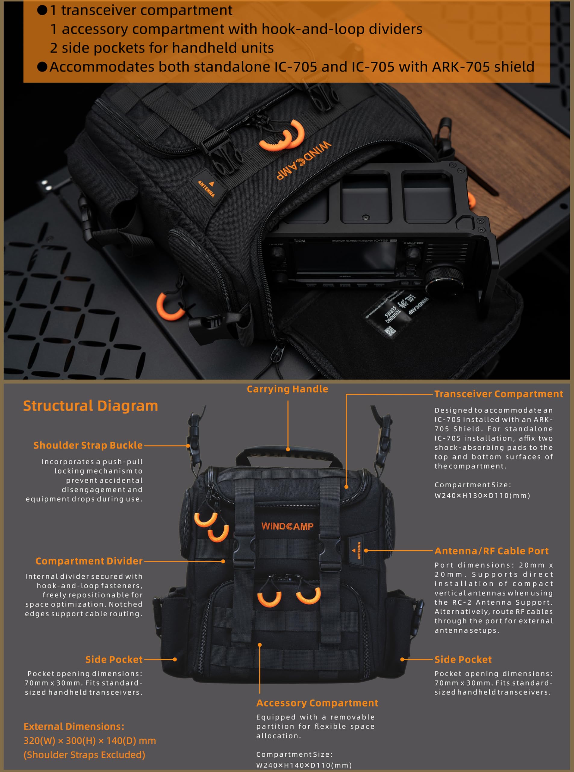 WINDCAMP 705 - Borsa per radio ICOM IC-705 FTX-1F, compatibile con LC-192 GO box, borsa a tracolla