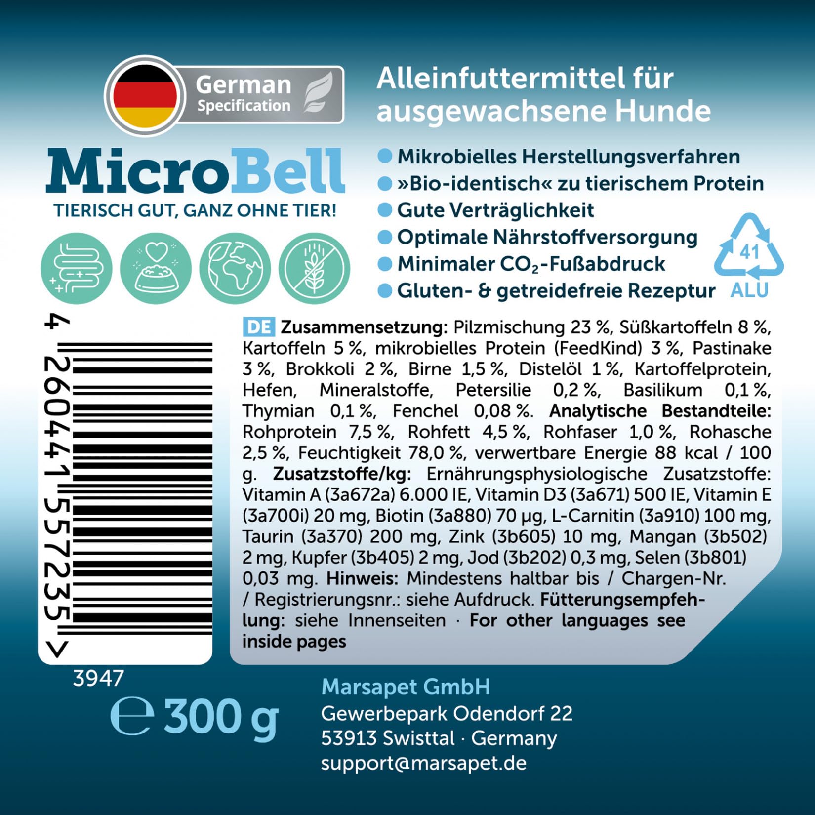 Marsavet - Nourriture humide végétalienne pour chien - MicroBell avec protéines microbiennes - 9 x 300 g - Nourriture humide hypoallergénique sans céréales ni gluten - Aliment complet et innovant pour