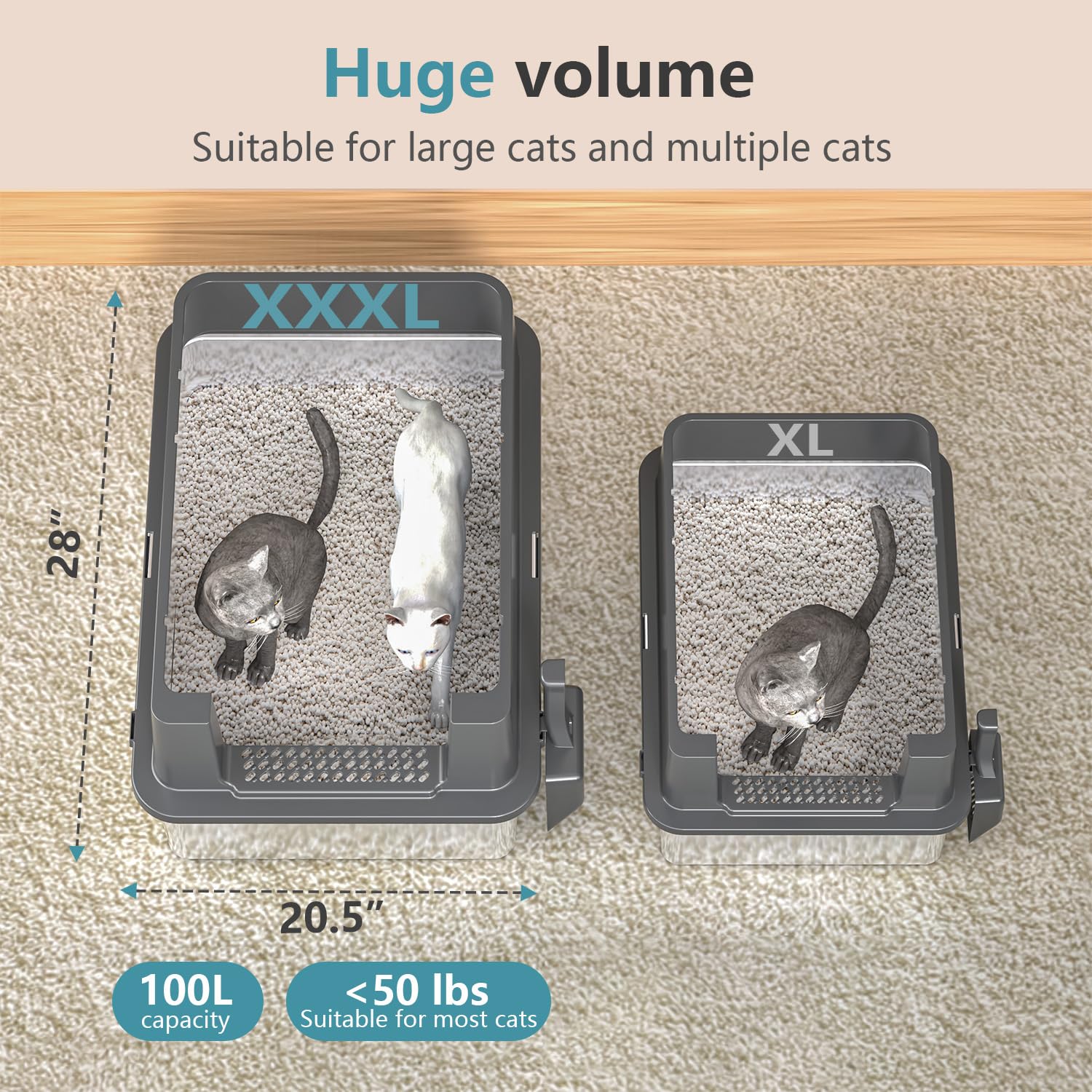 XXXL Extra Large Stainless Steel Litter Box with Lid, 28" L x 20.5" W x 17" H Covered Stainless Steel Litter Box, Multiple Natural Activated Carbon Filter Bags, Non-Sticky, Anti-Leakage, Easy to Clean - image 2