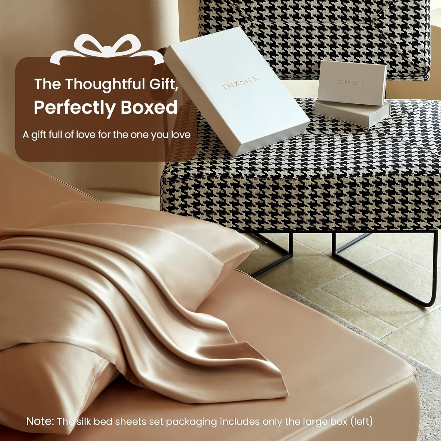 THXSILK Luxury Mulberry Silk Bed Sheets Set - 4pcs 16" Deep Pocket Silk Sheets Set - 1 Fitted Sheet, 1 Flat Sheet, 2 Pillowcases with Zipper Closure - Queen, Champagne