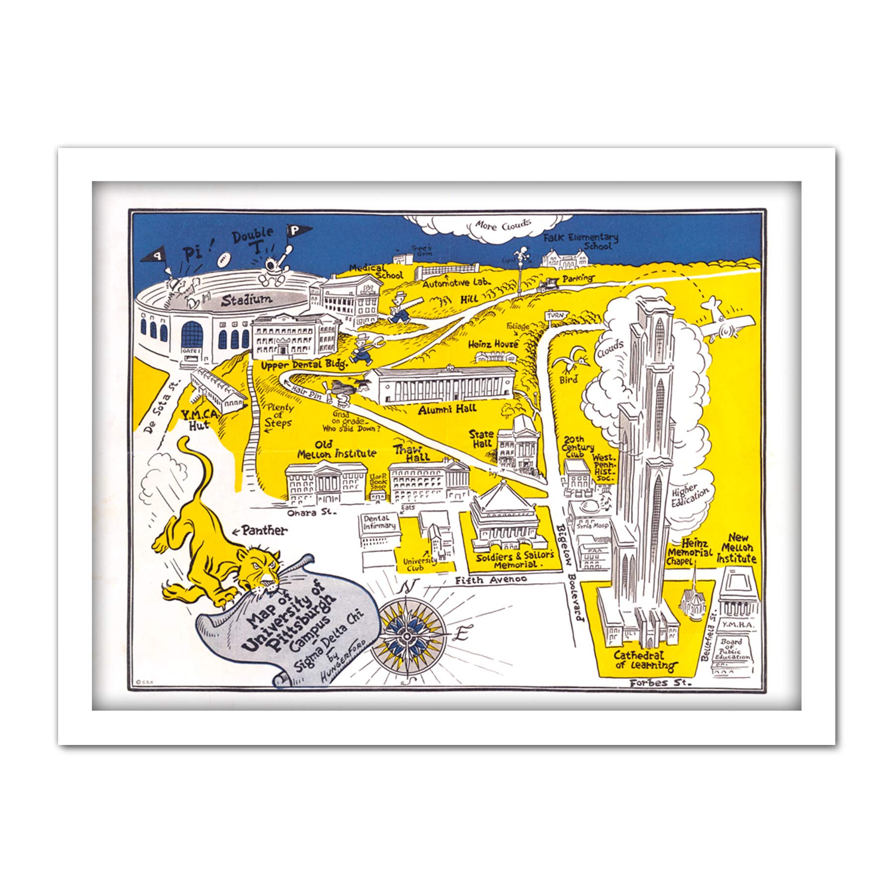Artery8 Map Hungerford 1935 University Pittsburgh Pictorial Artwork Framed Wall Art Print 18X24 Inch