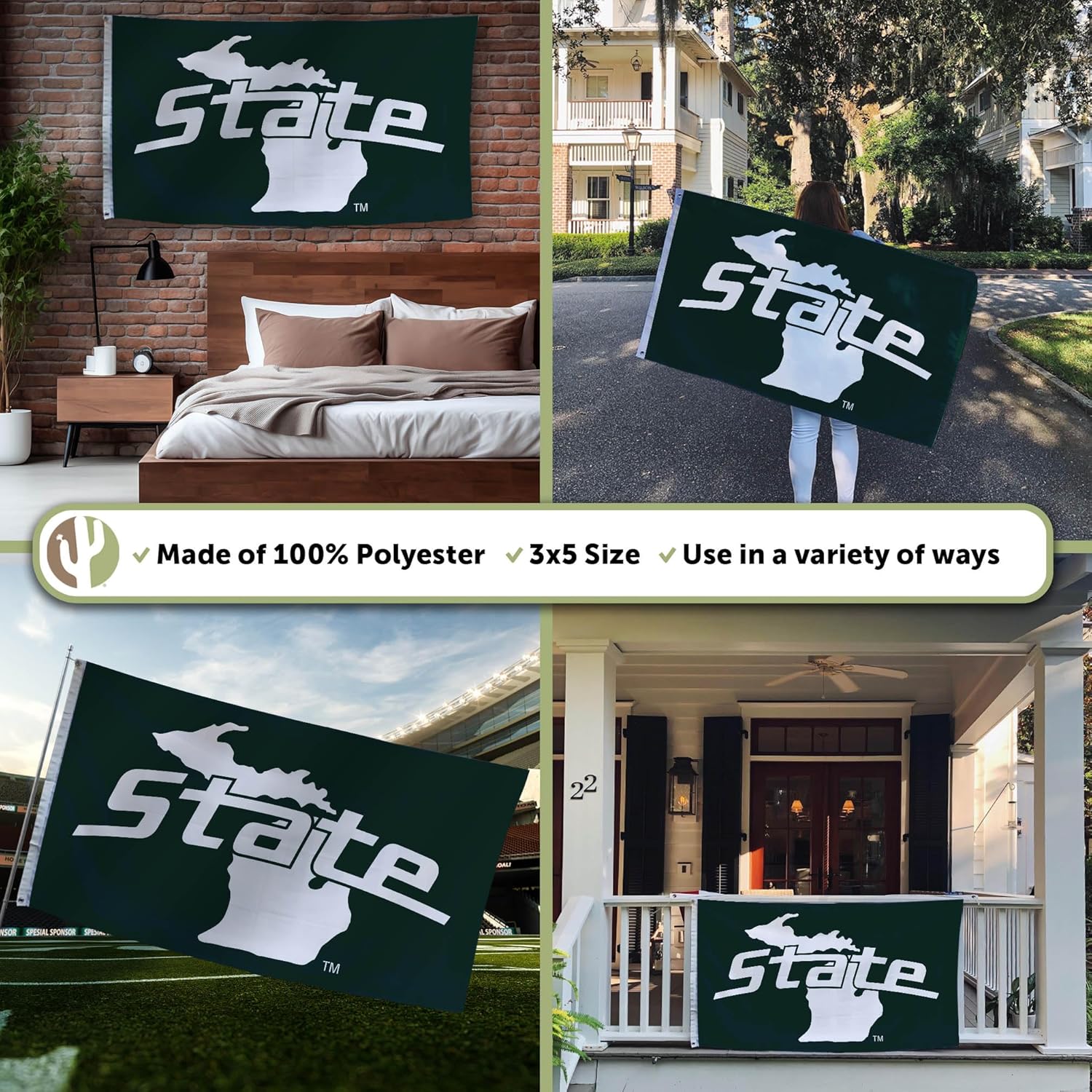 Desert Cactus Michigan State University MSU Flag - 3 x 5 Feet Spartans Banner, Indoor/Outdoor Durable Fabric, 100% Polyester Design (Style B2) - Image 3