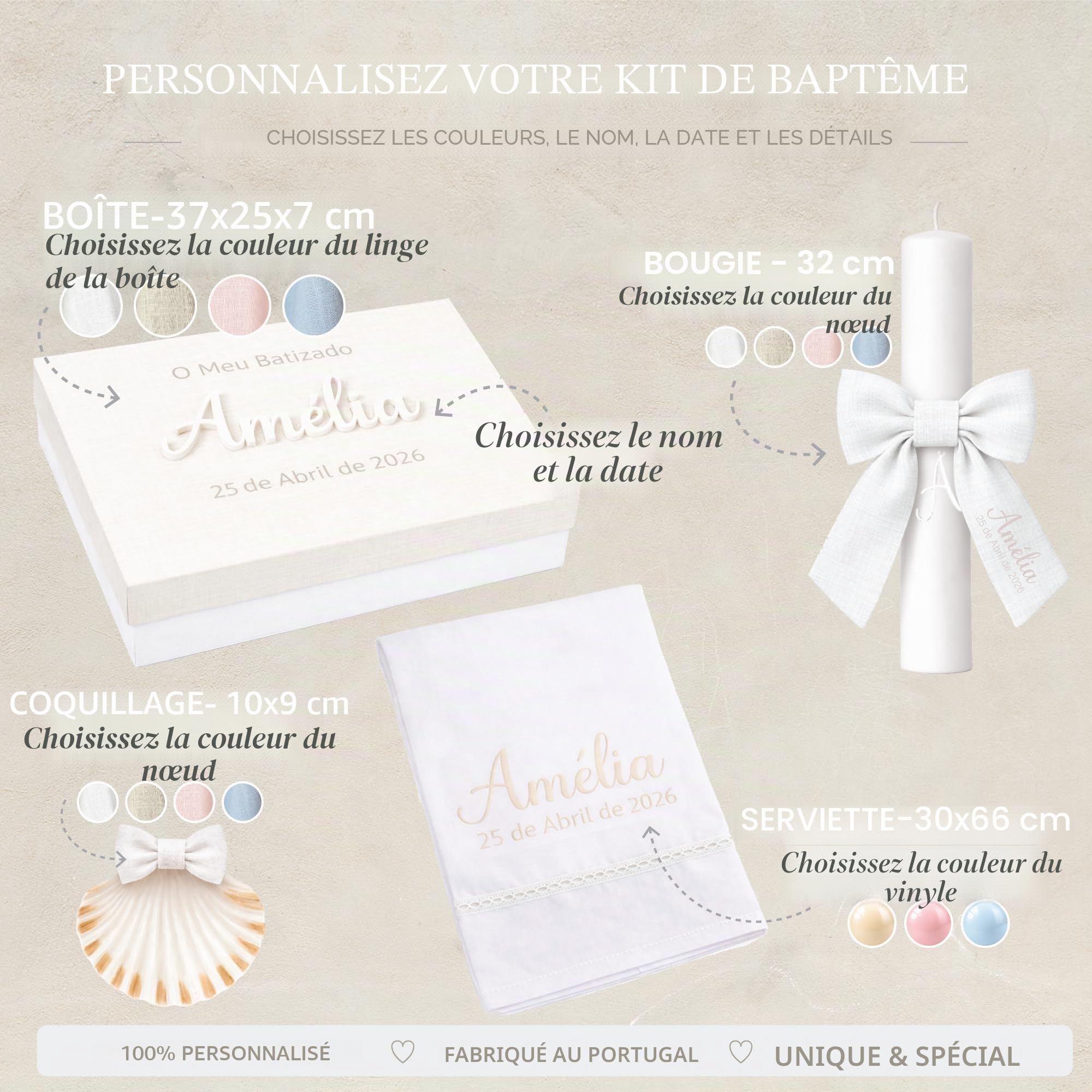Kit de Baptême Personnalisé Bébé – Coffret Baptême avec Prénom et Date – Bougie, Serviette en Lin, Coquille Baptême – Cadeau Baptême Fille Garçon