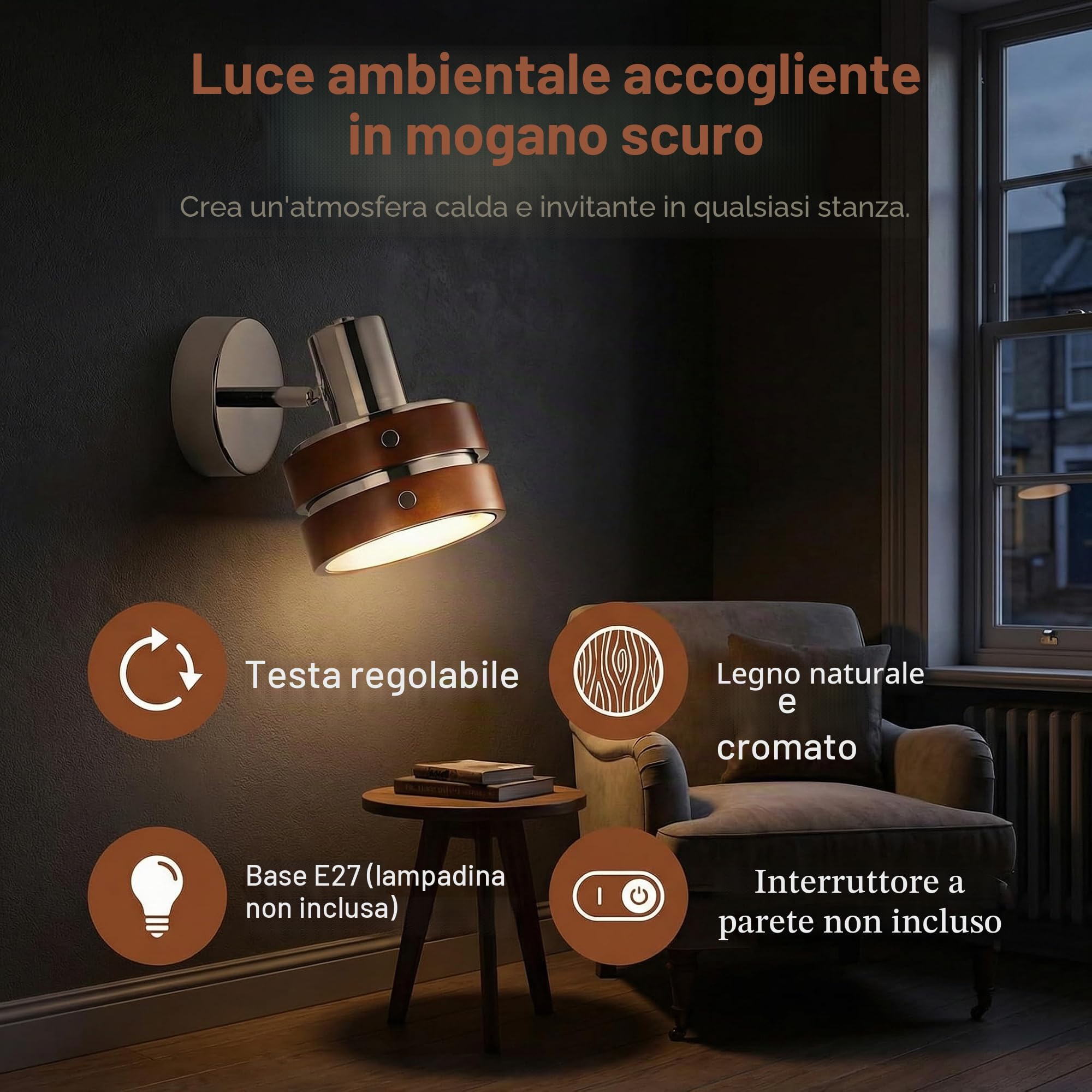 Lampada da Parete Vintage Design - Legno Naturale & Acciaio Cromato, Applique da Interno E27 Angolo Regolabile per CaCamera da Letto, Soggiorno e Home Studio (2 Paquets)