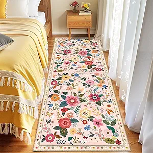 Floral 2x6 Area Rug Machine Washable Soft Print Boho Carpet Non Slip Doormat Low Pile Flower Area Rugs for Living Room Bedroom Nursery Kitchen Dining Room Indoor-Pink