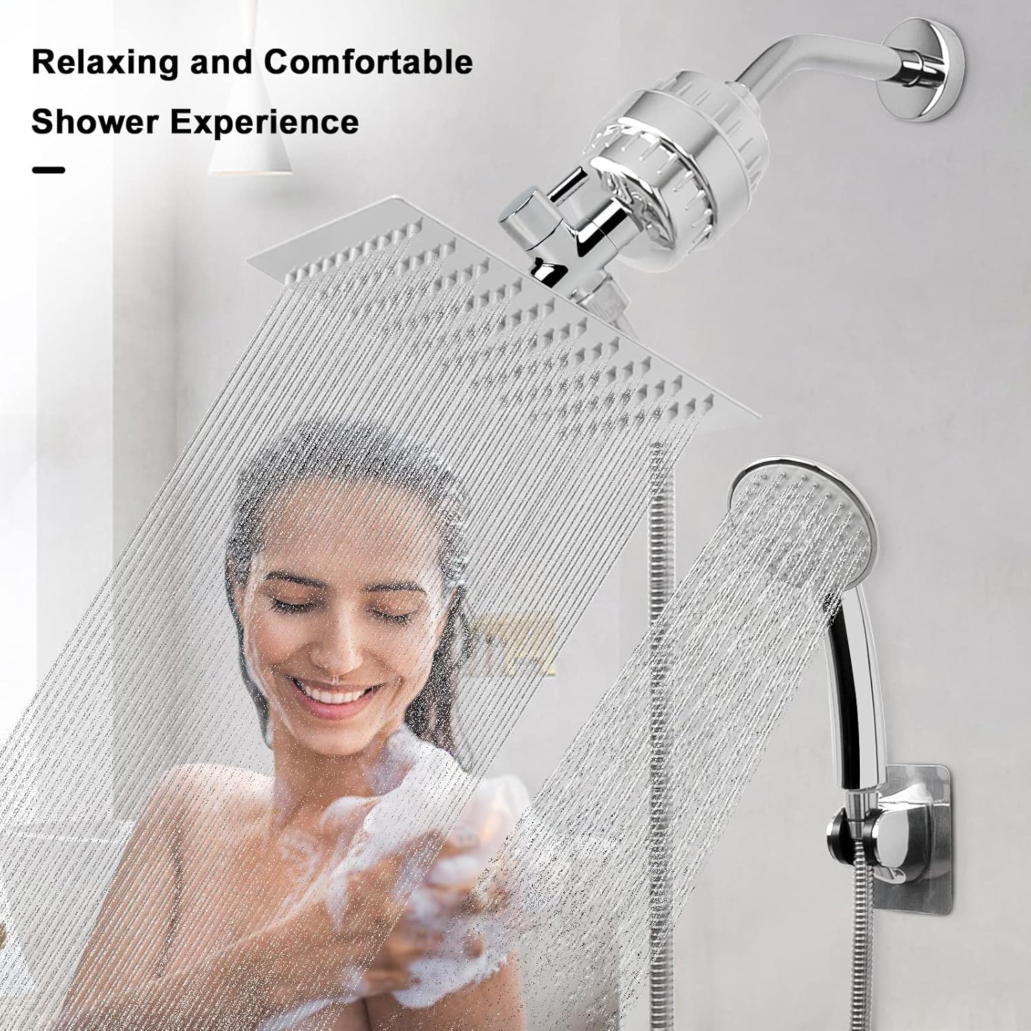 NearMoon Filtered Shower Head, High Pressure 8″Square Rain Shower Head and 5 settings Handheld Shower Filter Combo with Self-adhesive Holder/1.5M Hose -1 Replaceable Filter Cartridge (Chrome Finish) - - 