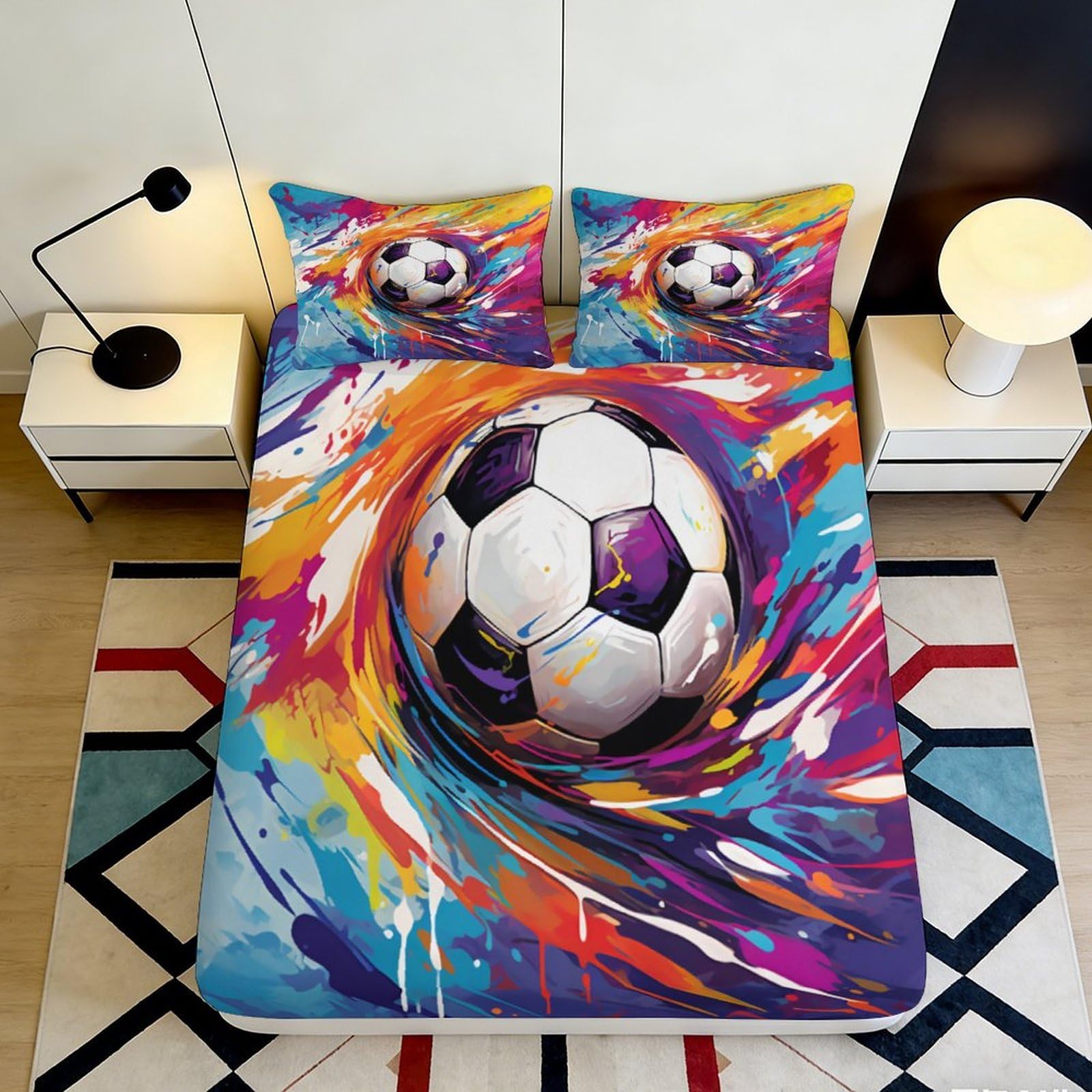 3D Printed Color Splash Football Fitted Sheet Microfiber Soft Mattress Cover for Bedroom Dorm Sports Decor 200x200x25cm