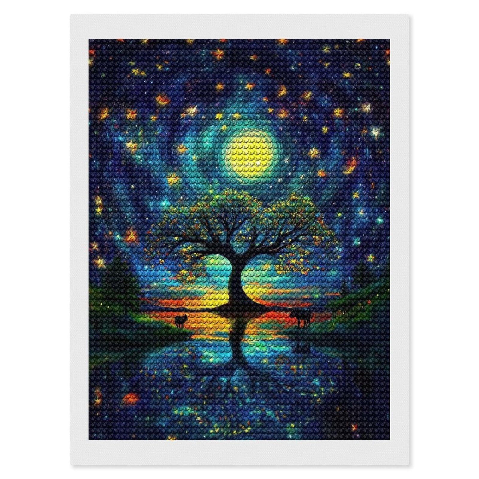 Junmoney Starry Night Tree Diamond Painting Canvas Set 12"x16", for Craft Lovers, Decorate Your Room, Festive Craft Gift, Vintage Style Decor