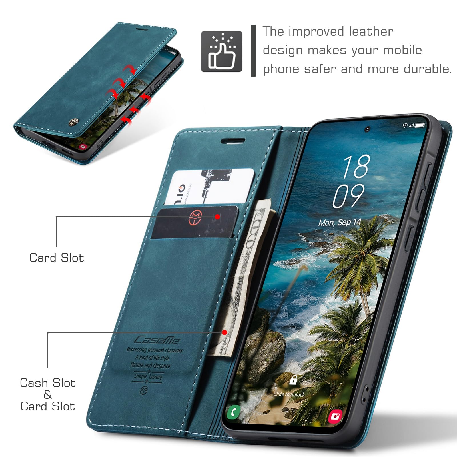 for Samsung Galaxy A57 Case, Wallet Case Flip Leather with Card Holder Magnetic Closure Shockproof Kickstand Protective Phone Cases Cover for Galaxy A57, Blue-Green — view 2
