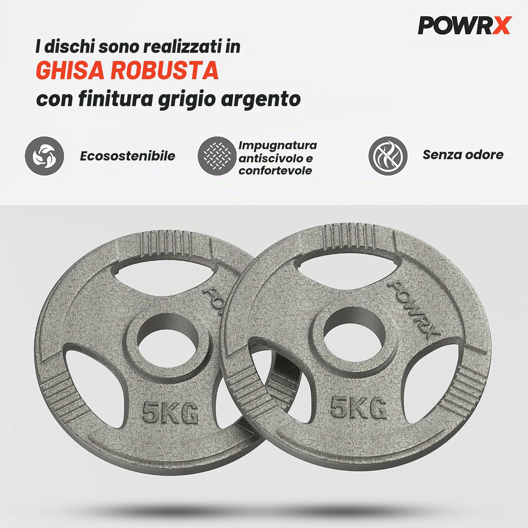 Dischi pesi OLIMPICI 5-40 kg - Ideali per manubri e BILANCIERI olimpionici con braccio da 50 mm - (2 x 5 kg/Argento)