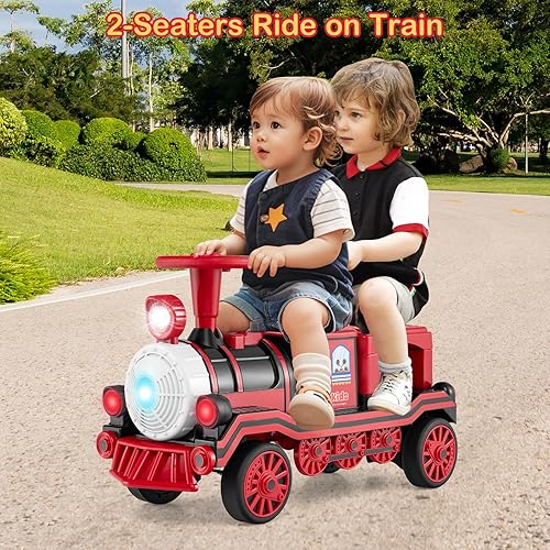 Miniatura 9 de OLAKIDS Tren de paseo para niños de 3 plazas con carruaje sin rieles, juguete eléctrico de 12 V con silbato de tren, música, luces LED, 2