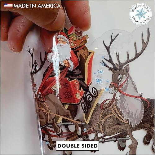 Miniatura 5 de Adhesivos de Navidad para ventana, dos trineos de Papá Noel y renos, vinilo reutilizable no adhesivo para ventanas y puertas, decoración del hogar,