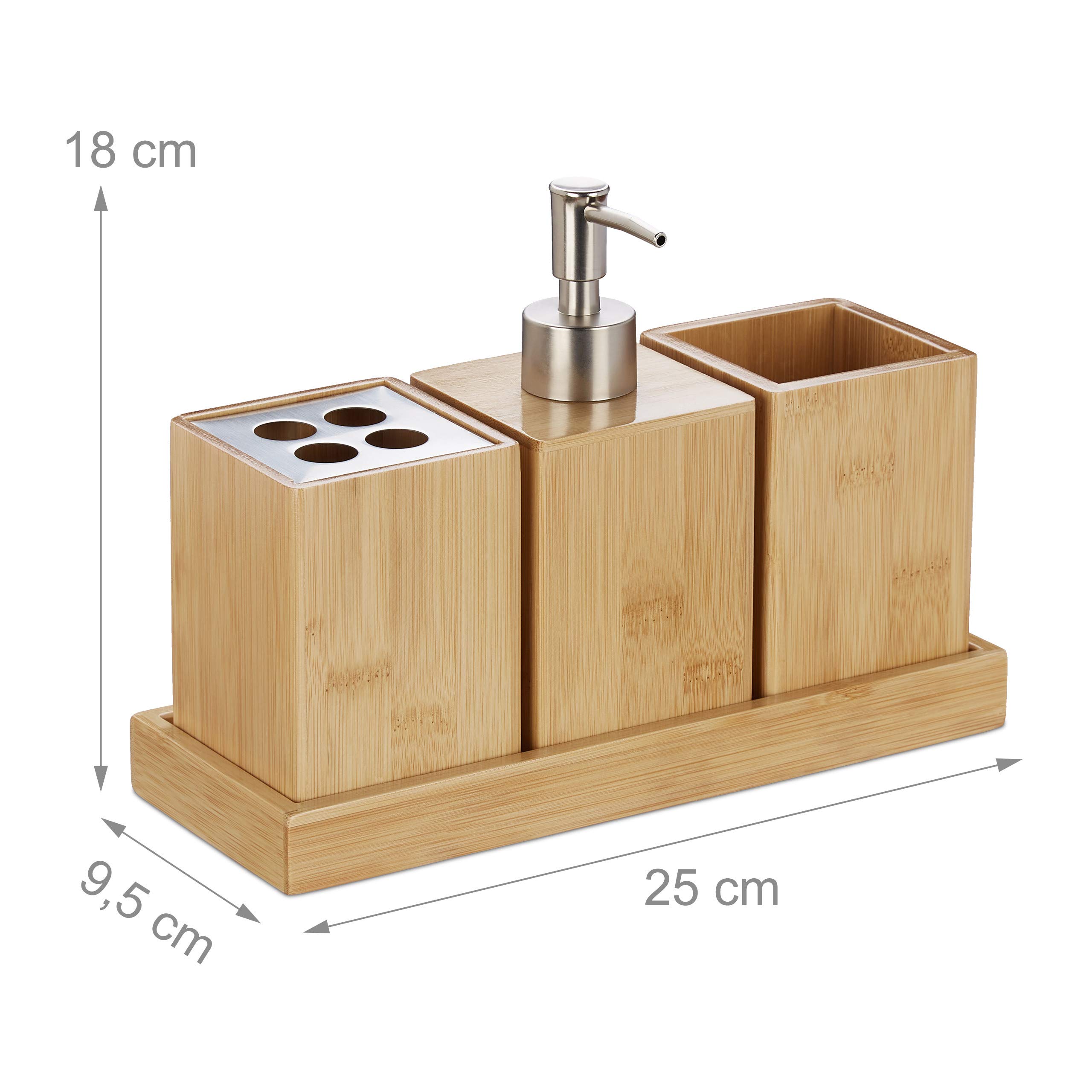 Relaxdays Set Bagno, Confezione 4 Accessori in bambù, Portaspazzolino, Porta Dentifricio, Portasapone & Vassoio,Naturale