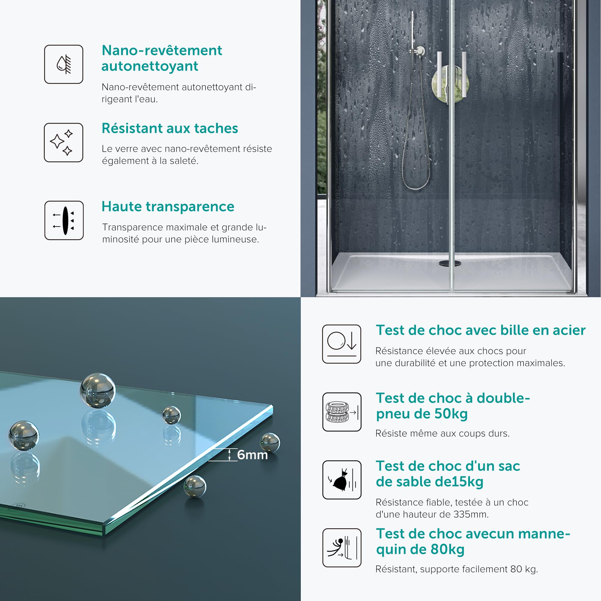 doporro Double porte de douche transparent 90cm Paroi de douche à l'italienne autolevante pivotante 90x195cm Teramo24 verre ESG Nano anti-calcaire