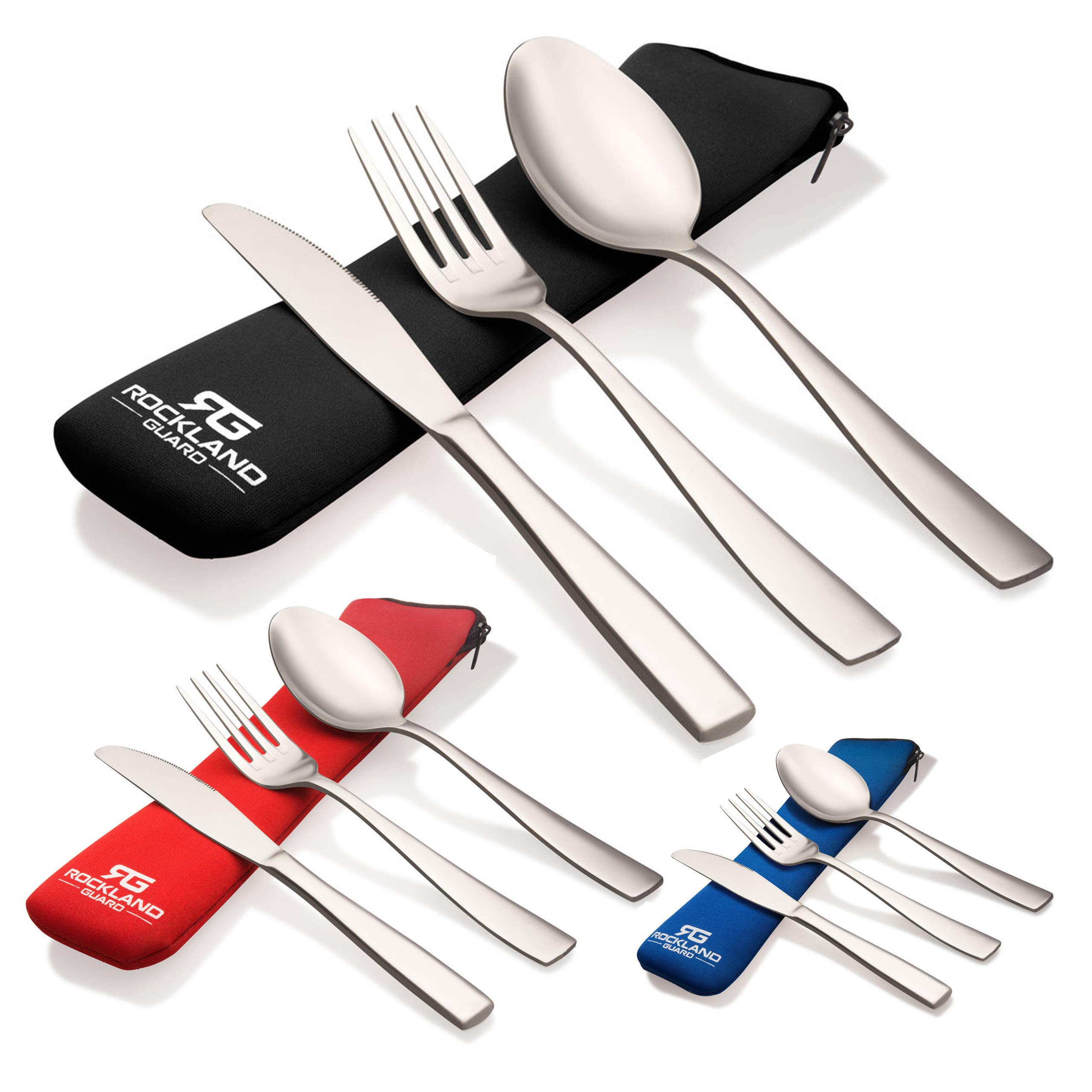 Rockland Guard 3 Piece Stainless Steel (Knife, Fork, Spoon) Lightweight, Travel, Camping, Cutlery/Flatware Set with Neoprene Case