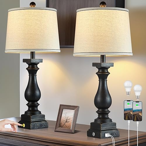 Miniatura 8 de Lámparas de mesa de granja de 28 pulgadas de alto con puertos USB C+A y salida de CA, control táctil de 3 vías, lámparas rústicas para dormitorio,