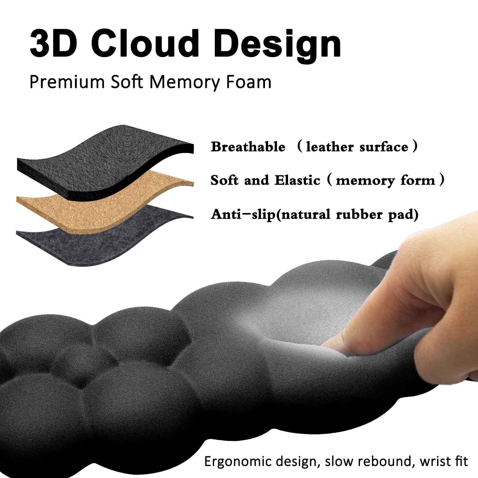 Cloud Keyboard and Mouse Wrist Rest Pad for Computer Arm Pain Relief- Ergonomic Wrist Support Mousepad with Non-Slip PU Base for Office, Gaming, and Home Use Anti-Fatigue(Black)
