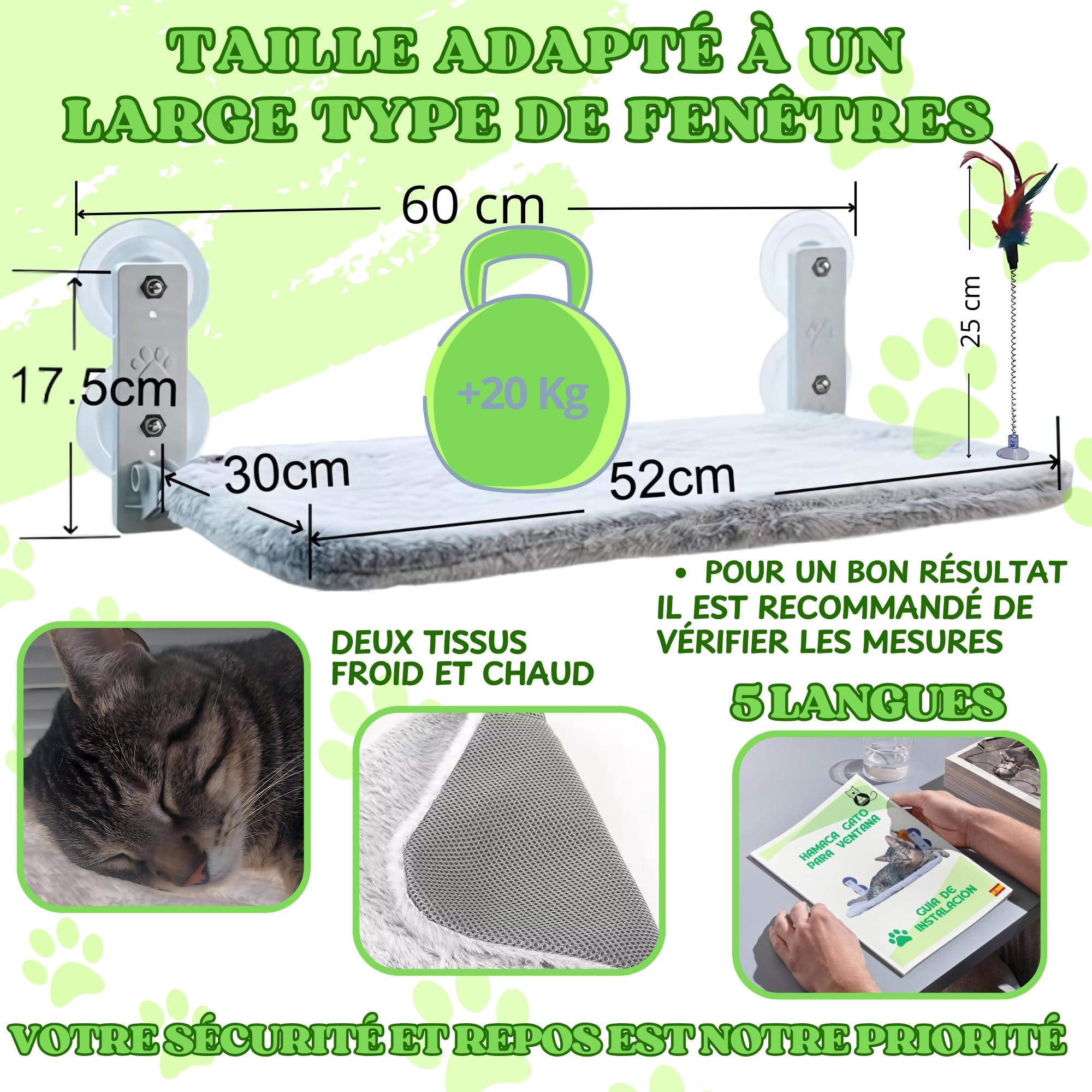 Hamac Chat Fenetre Pliable Lit pour Chat avec des Ventouses Stables Tapis réversible avec Jouet Inclus Code QR avec Instructions et vidéo de Montage