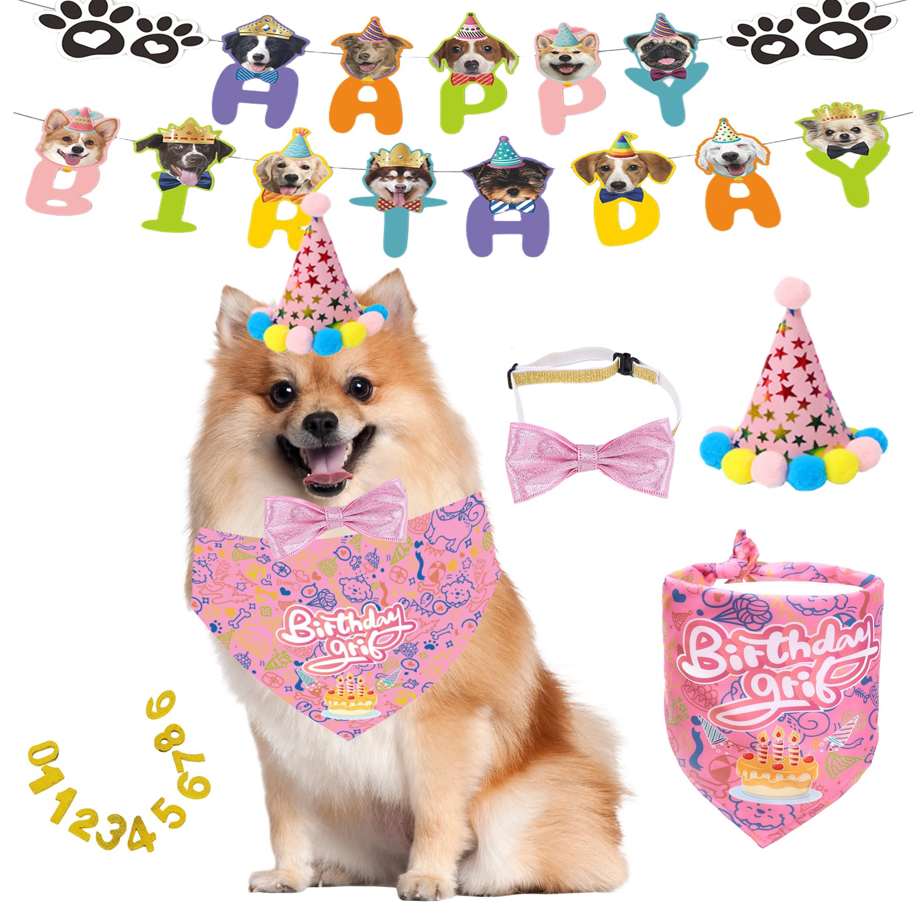 Happy Birthday Dog Party Supplies Kit - Dog Party Hat, Bandana, Bowtie & Happy Birthday Banner Decorations for Small Dogs, Puppy Birthday Outfit