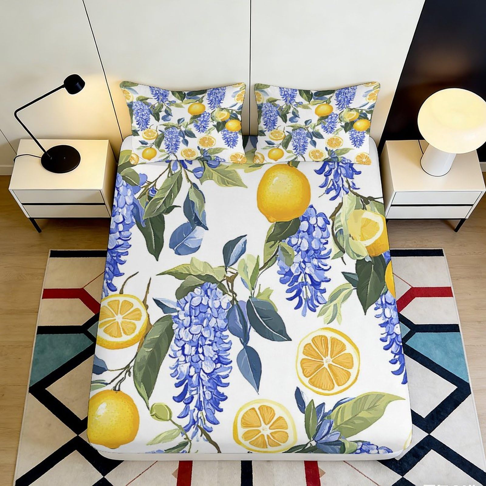 3D Printed Lemon Floral Fitted Sheet Microfiber Deep Pocket Non-Slip Bedroom Set Lemon Floral Mattress Fitted Cover Washable 90x200x25cm