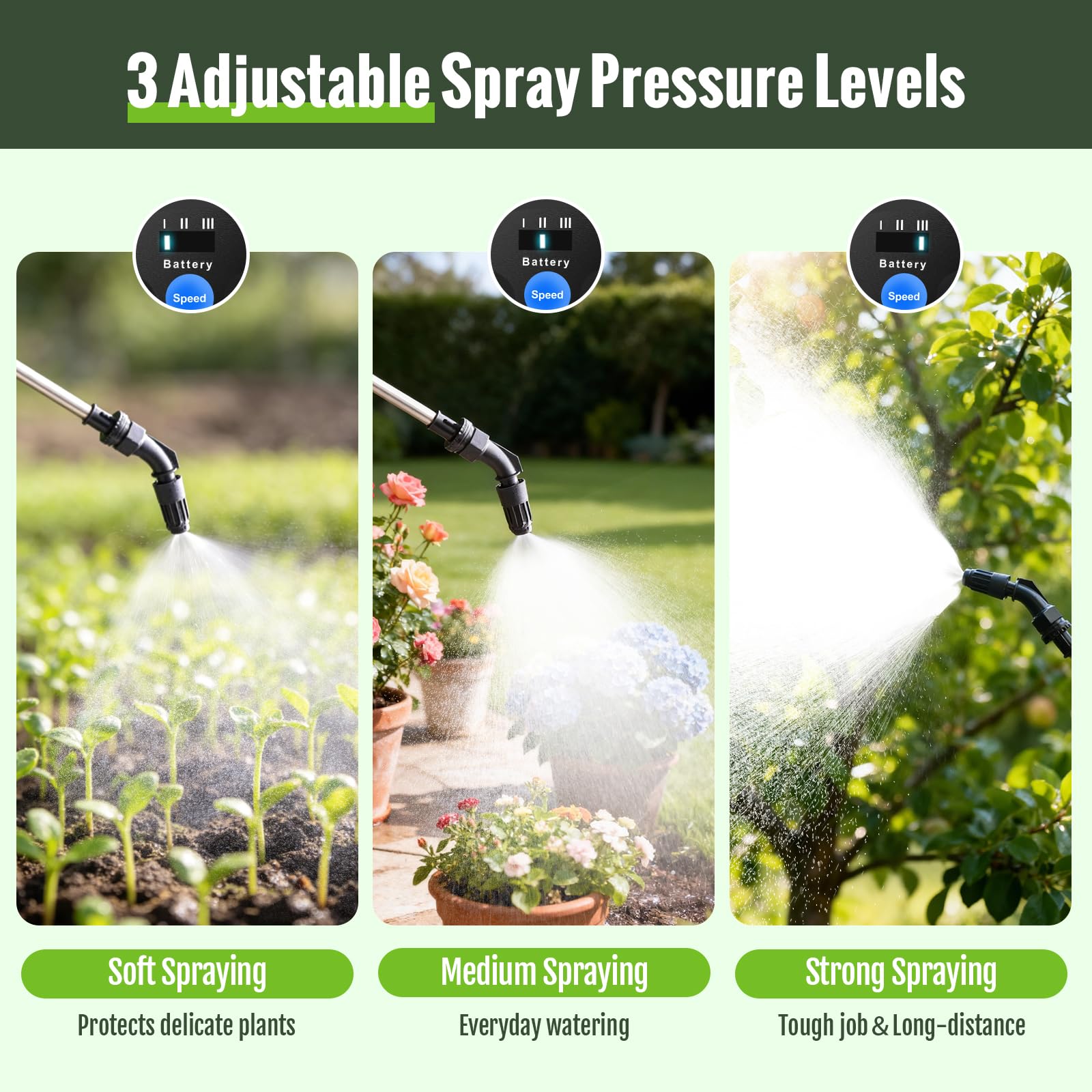 SideKing Spruzzatore elettrico da giardino alimentato a batteria, con 3 pressioni di spruzzo regolabili, manico ricaricabile e indicatore della batteria, bacchetta telescopica e 4 ugelli per la cura