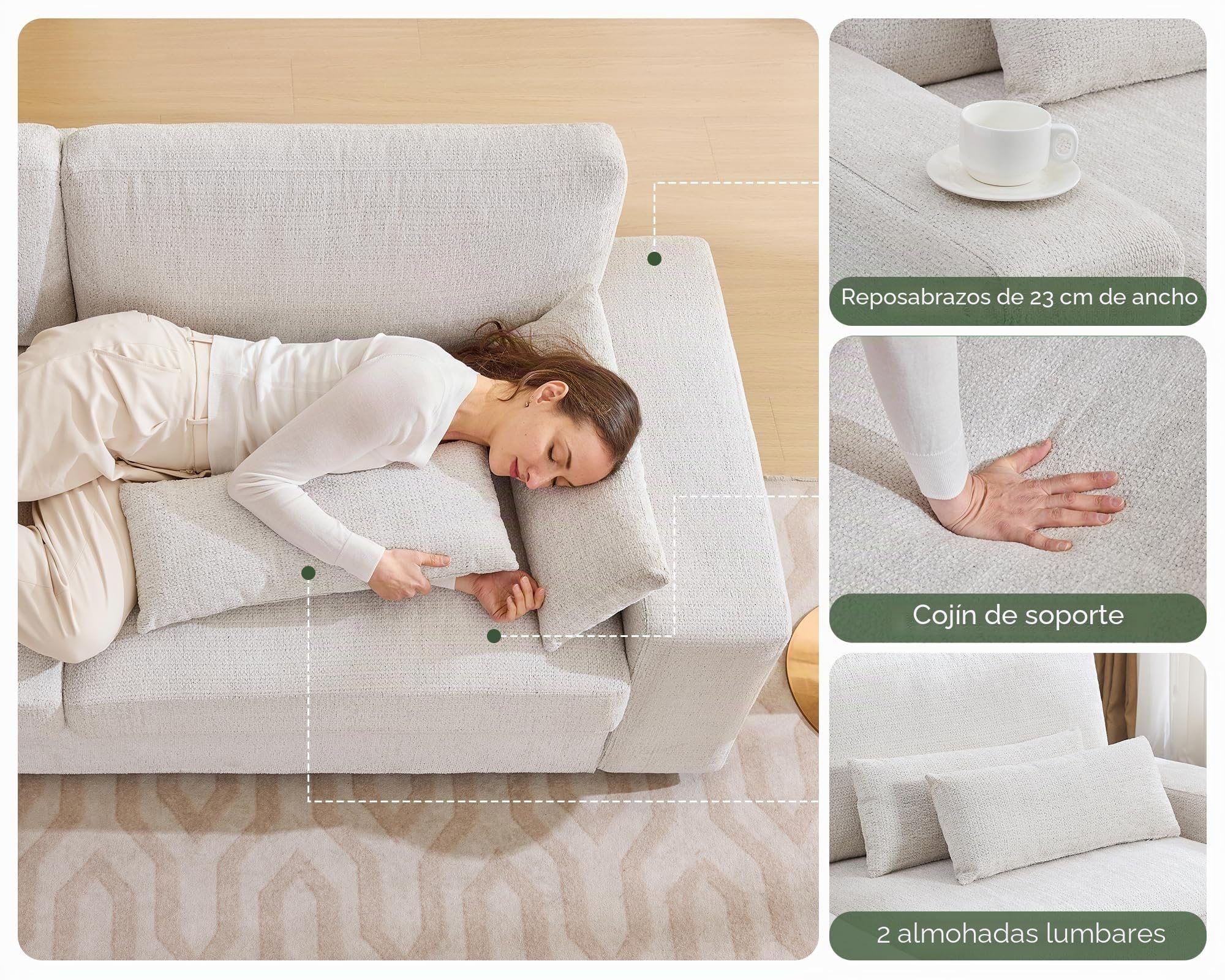 LUXOAK Sofá de 220 cm, 3 plazas, 59 cm de profundidad de asiento, chenilla, beige | Reposabrazos de 22 cm de ancho, 2 cojines lumbares, soporte de muelles, marco estable, fácil montaje