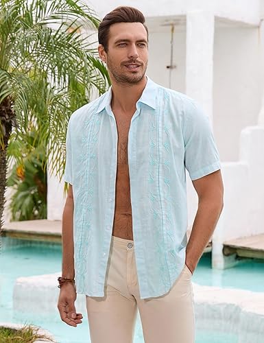 Miniatura 2 de TURETRENDY Camisas de algodón y lino para hombre, ajuste relajado, manga corta, con botones, plisadas, camisas guayabera