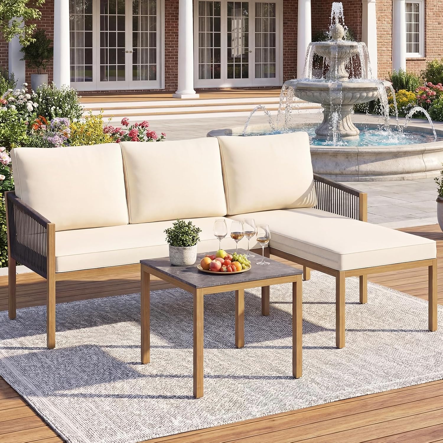 FANTASK Lounge Möbel Outdoor, Gartenmöbel Set 3-teilig mit Tisch & Kissen, Sitzgruppe für Garten, Balkon & Terrasse, ideal als Balkonmöbel & Terrassenmöbel