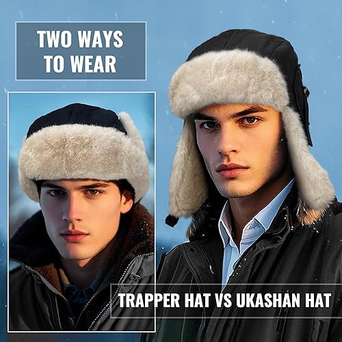 Vista 4 de CLAPE Men Winter Trapper Hat Warm Thick Trooper Hats with Ear Flaps Russian Ushanka Hat Hunting Ski Cap