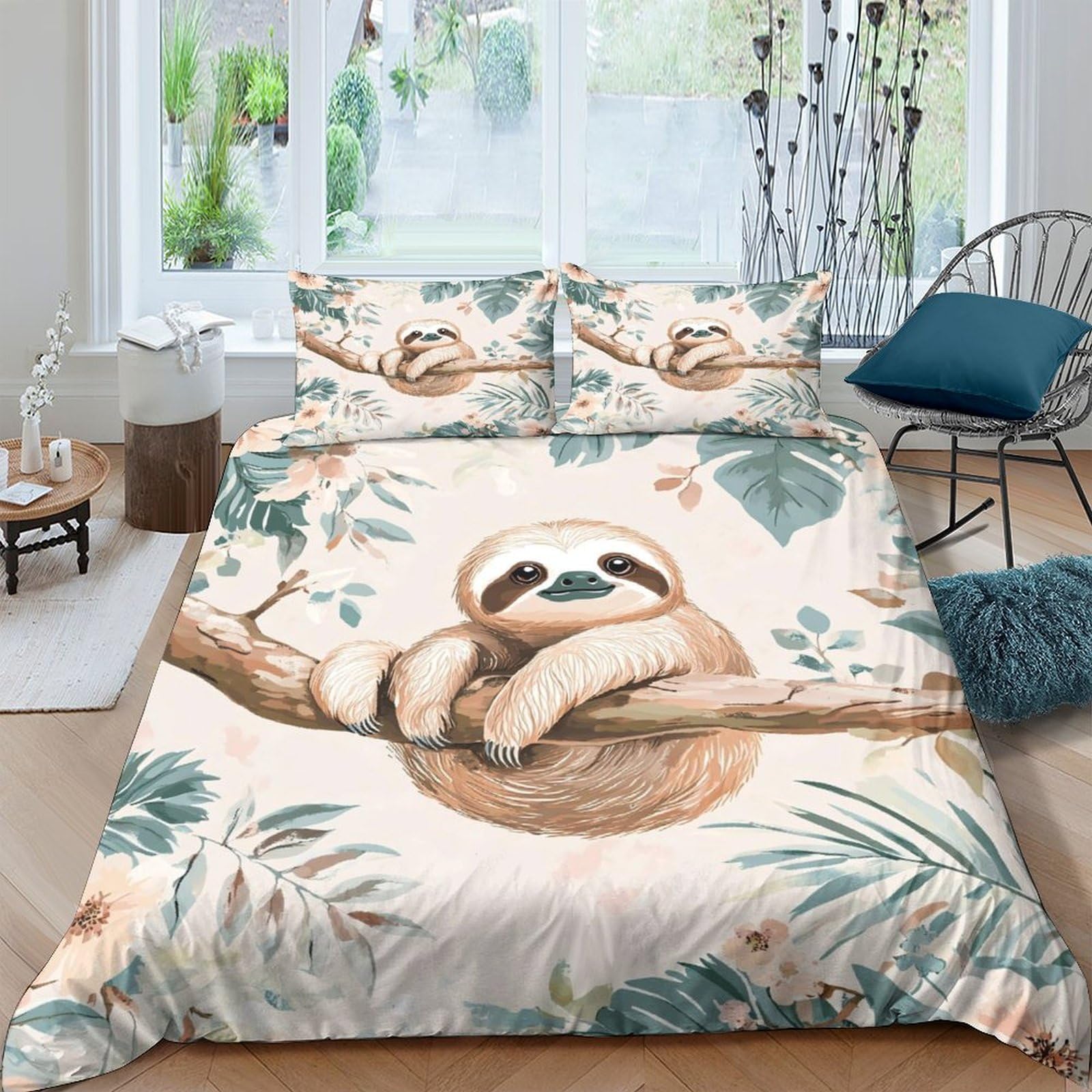 Ctjqhvkz Style-1 3D Printed Sloth Tree Fitted Sheet Microfiber Soft Breathable Jungle Leaf Bed Cover For Bedroom Dorm Decor Single（135X200cm）