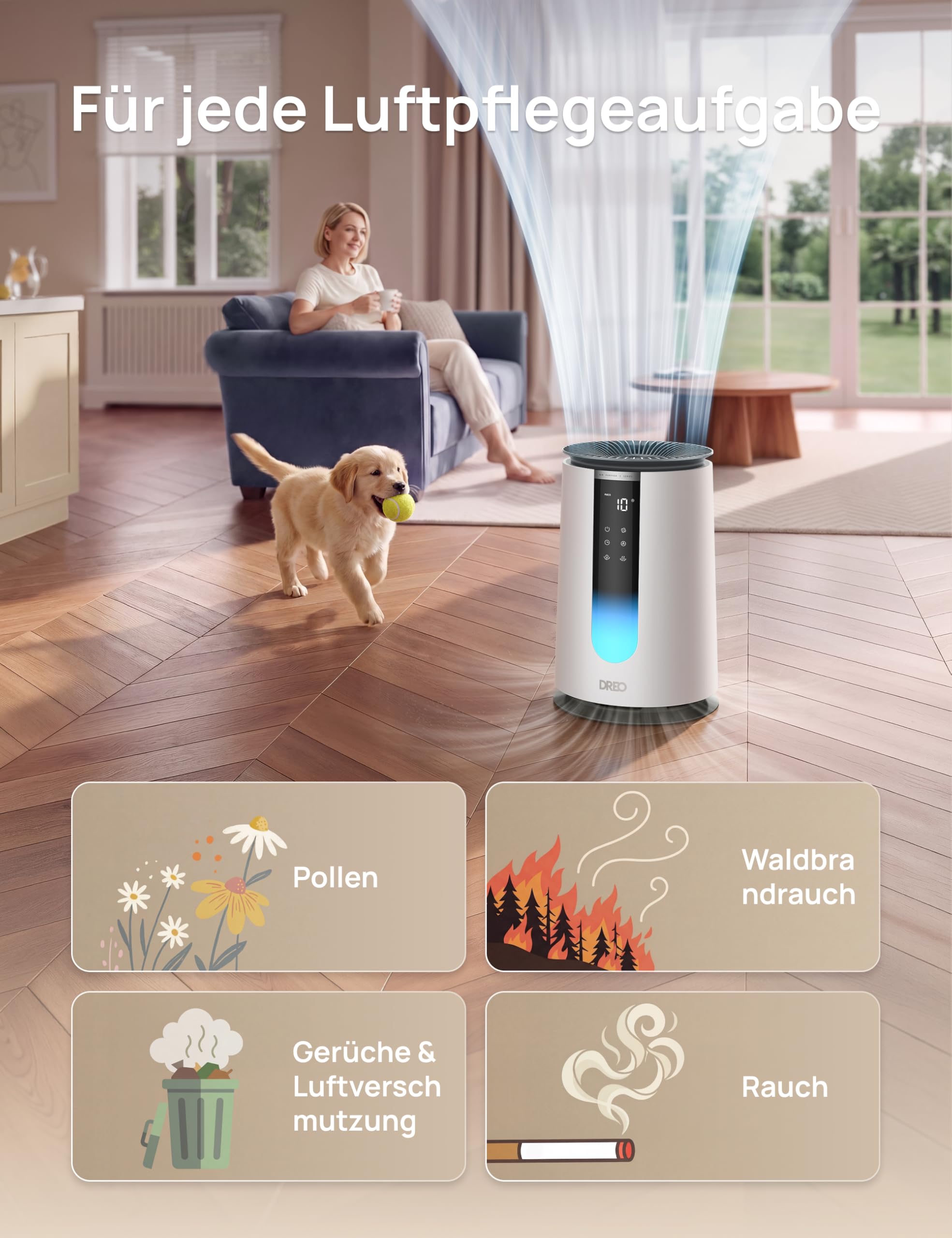 DREO-Luftreiniger für Schlafzimmer 195 m³/h CADR, Luftreiniger 338S,3-in-1-HEPA-Filter, 4 Modi, 4 Geschwindigkeiten, 18 dB,AQl-Display, PM2,5-Sensor, Auto-Modus, Aromakissen,WLAN/Sprachsteuerung/Alexa