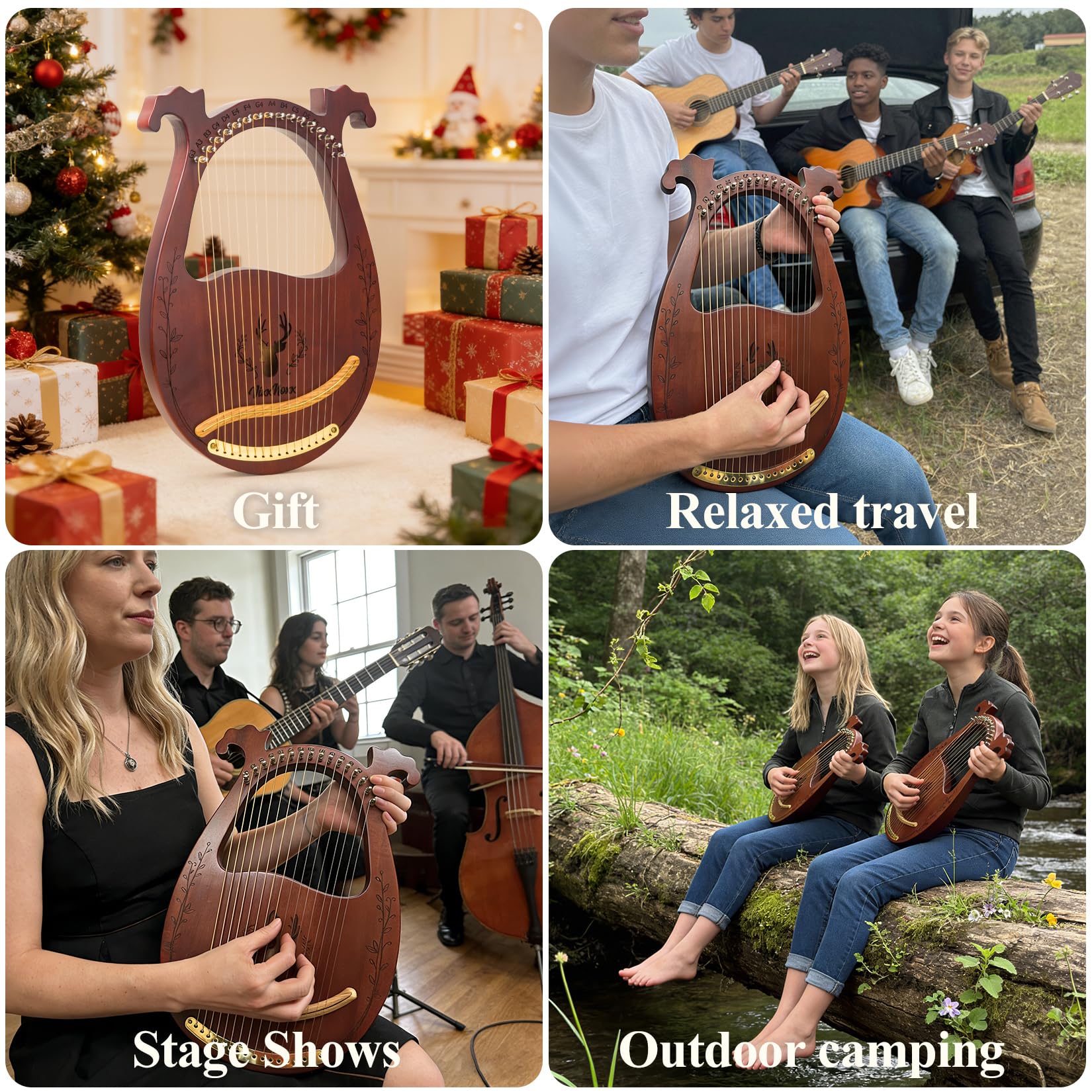 Lyre Harpe 16 cordes en Métal Lyre Instrument de Musique en Acajou avec Clé d'accordage Cordes de Rechange Livre de Musique en Englais Portable Sac, Harp pour Adultes Enfants Débutants
