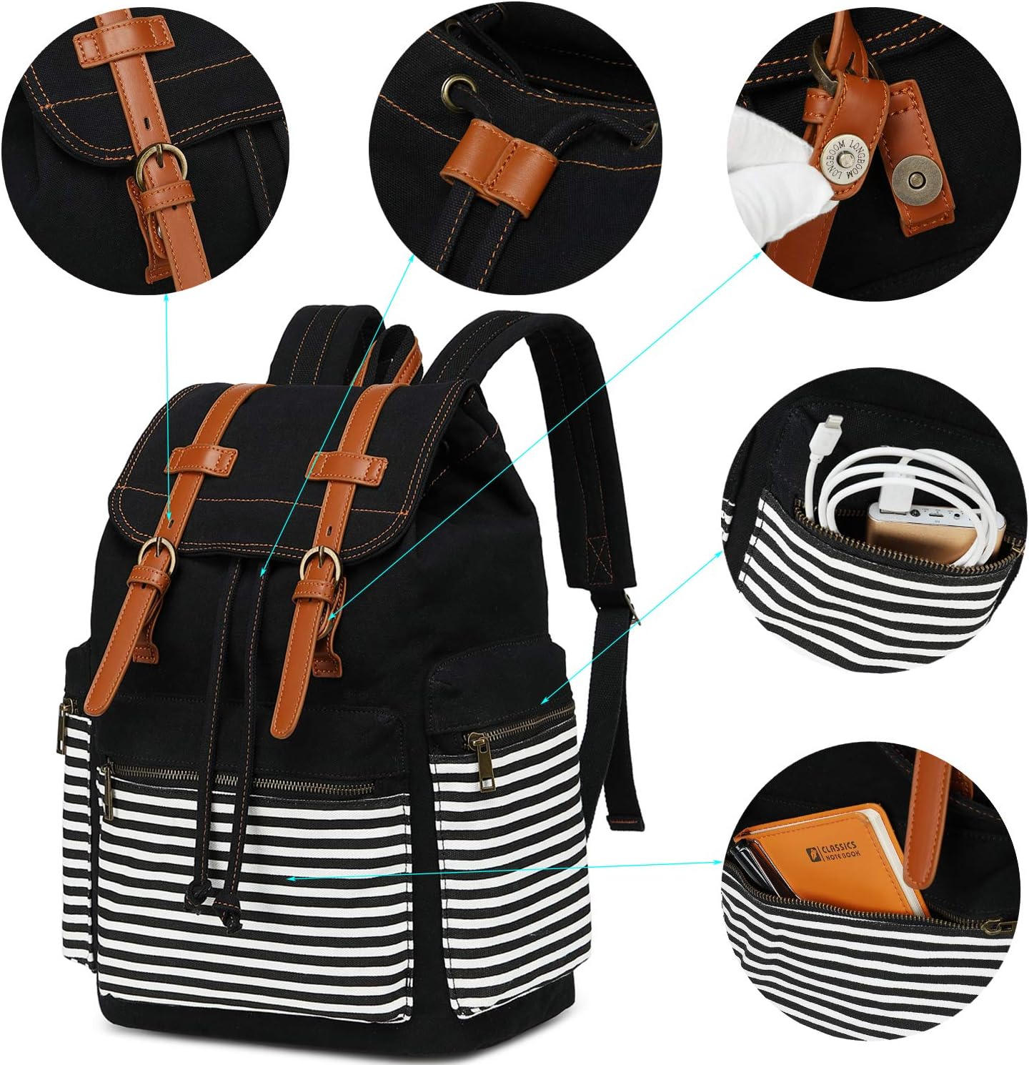 Super Big Clearance! Canvas School Backpack Women College Bookbag Girls Travel Rucksack 15.6Inch Laptop Bag (Black Stripe) 🔥 Canvas School Backpack Women College Bookbag Girls Travel Rucksack 15.6Inch Laptop Bag (Black Stripe)