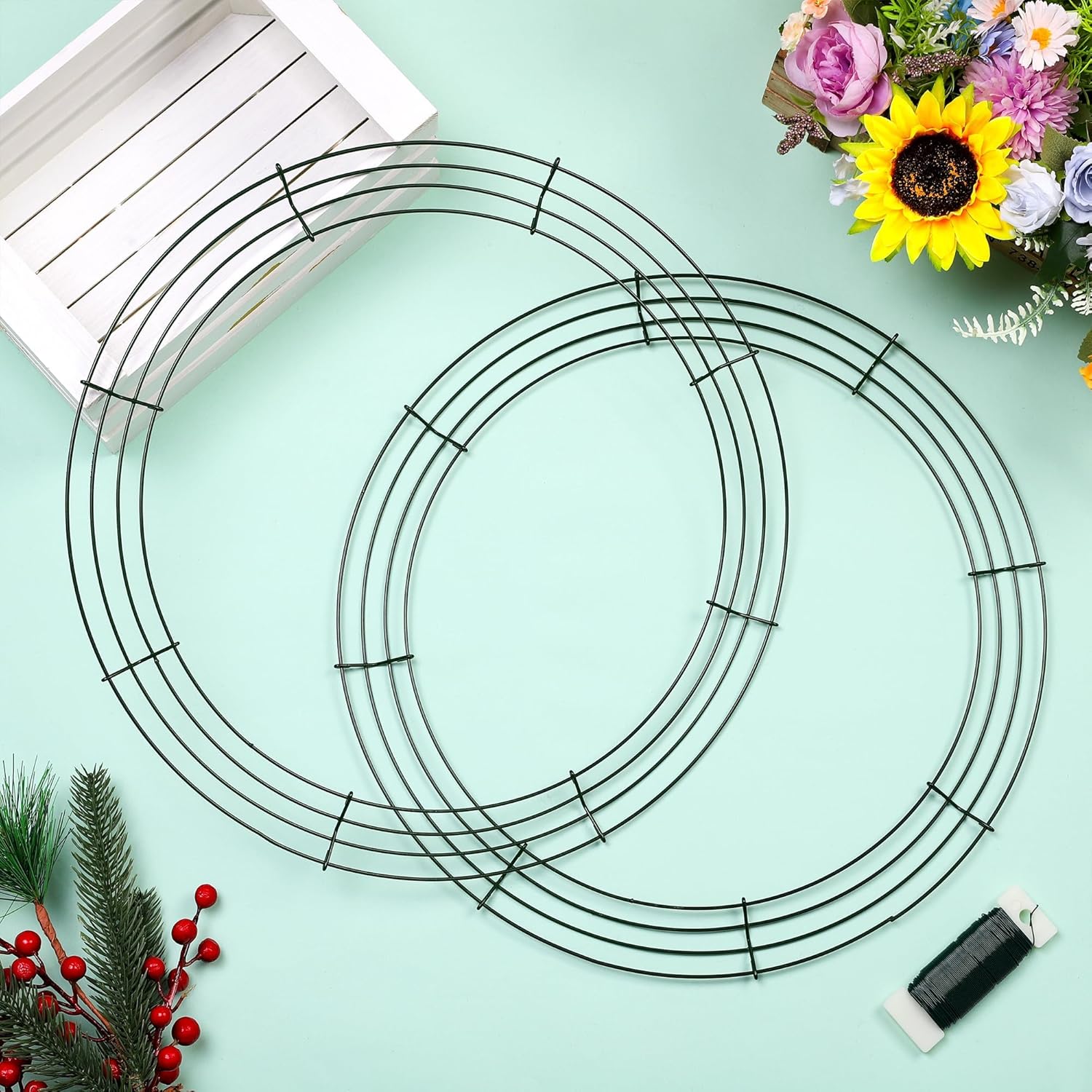 Fovths 24 Pack Christmas Wire Wreath Ring 16 Inches Metal Wire Wreath Frame with Floral Wires Green DIY Floral Crafts for Xmas Halloween New Year Holiday Valentines Day Decor