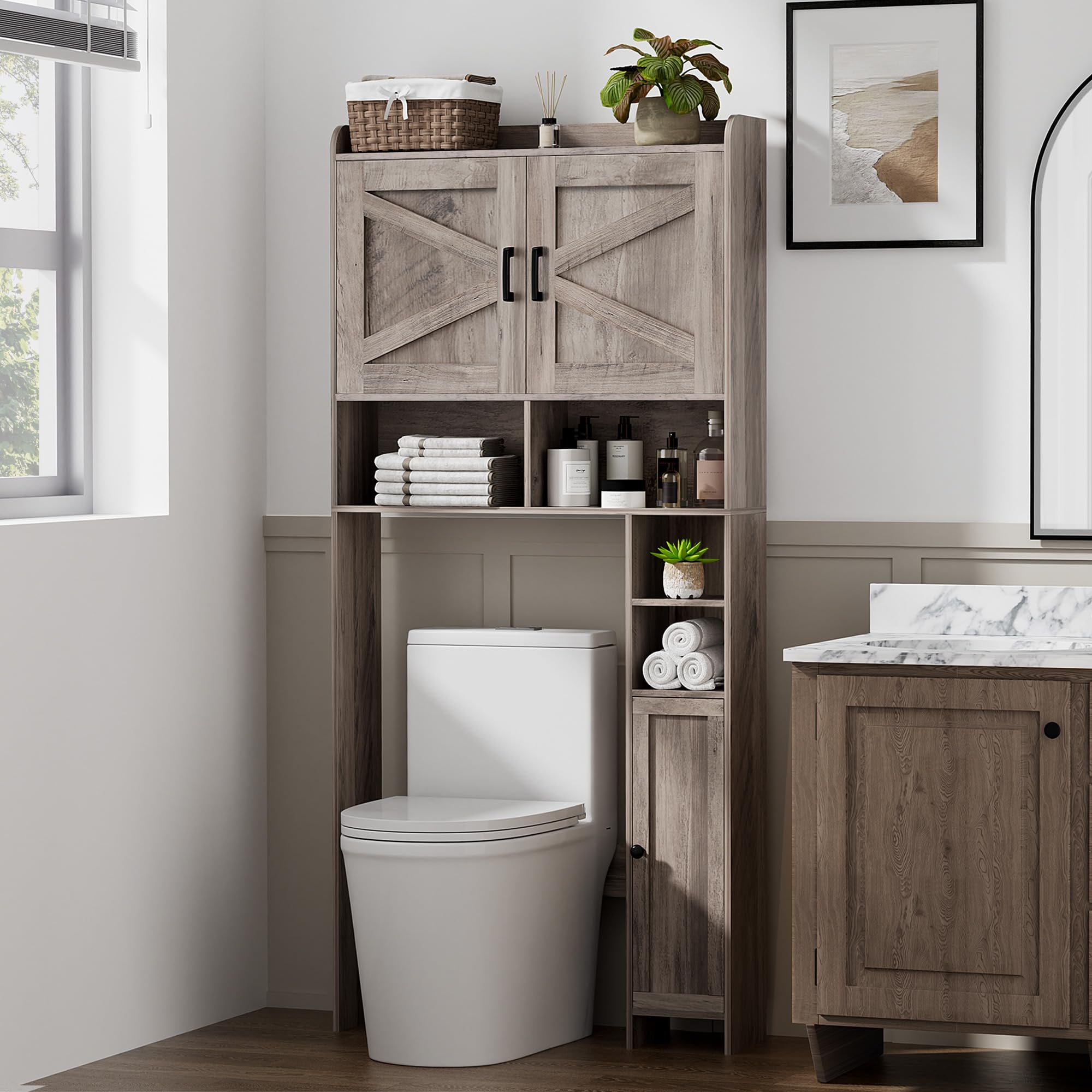 Homhedy Wooden Over The Toilet Storage Cabinet with Barn Door