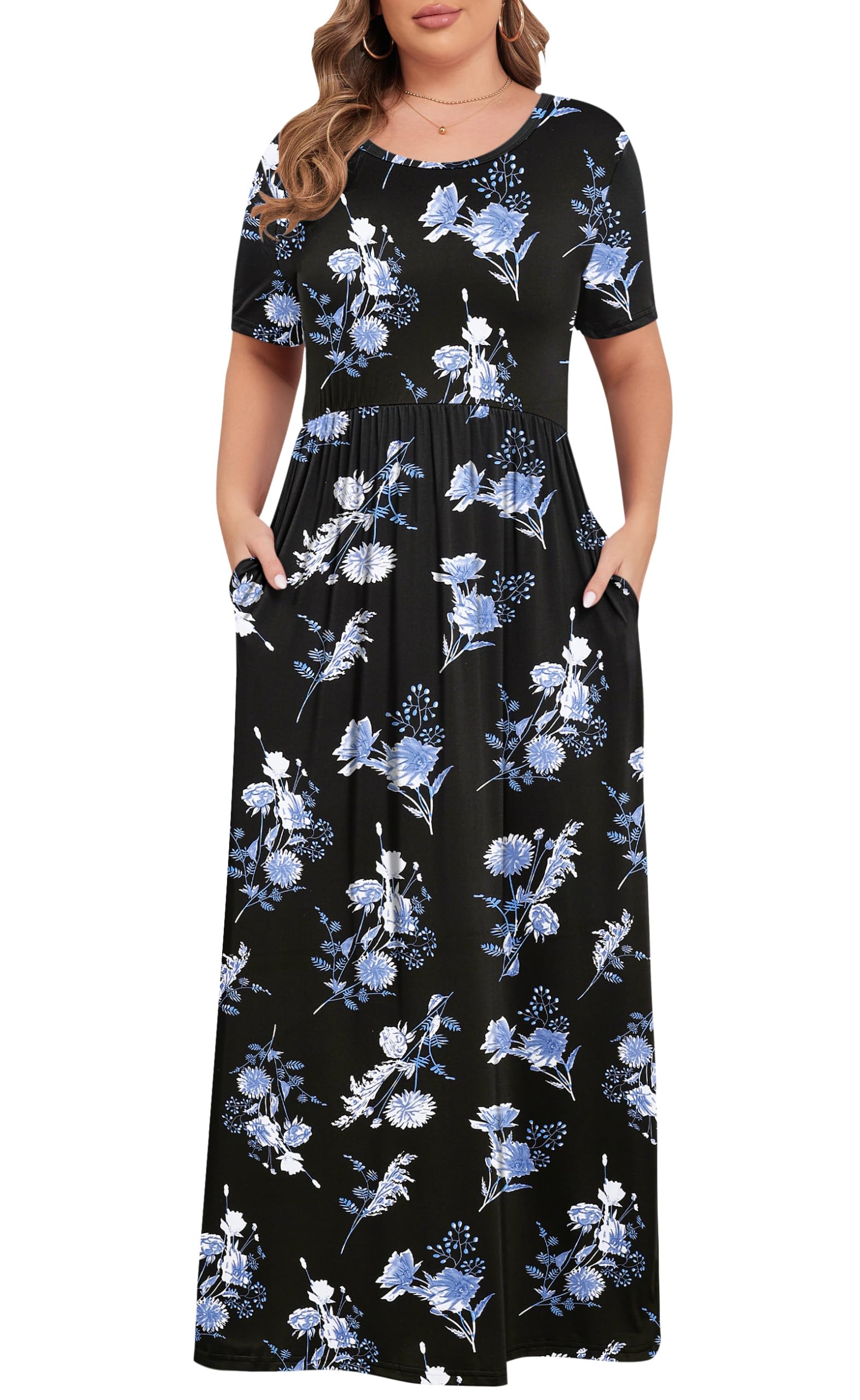 KARALIN Women Plus Size Maxi Dress Short Sleeve Round Neck Loose Fit A-Line